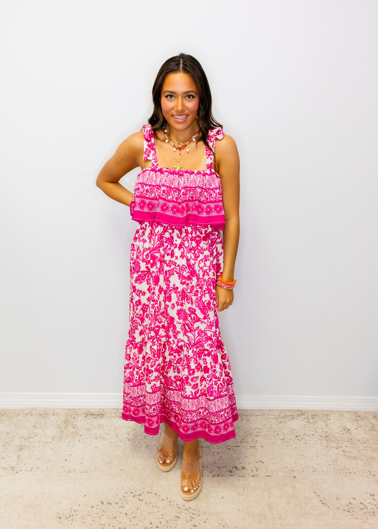 Hot Pink Floral Print Midi Dress