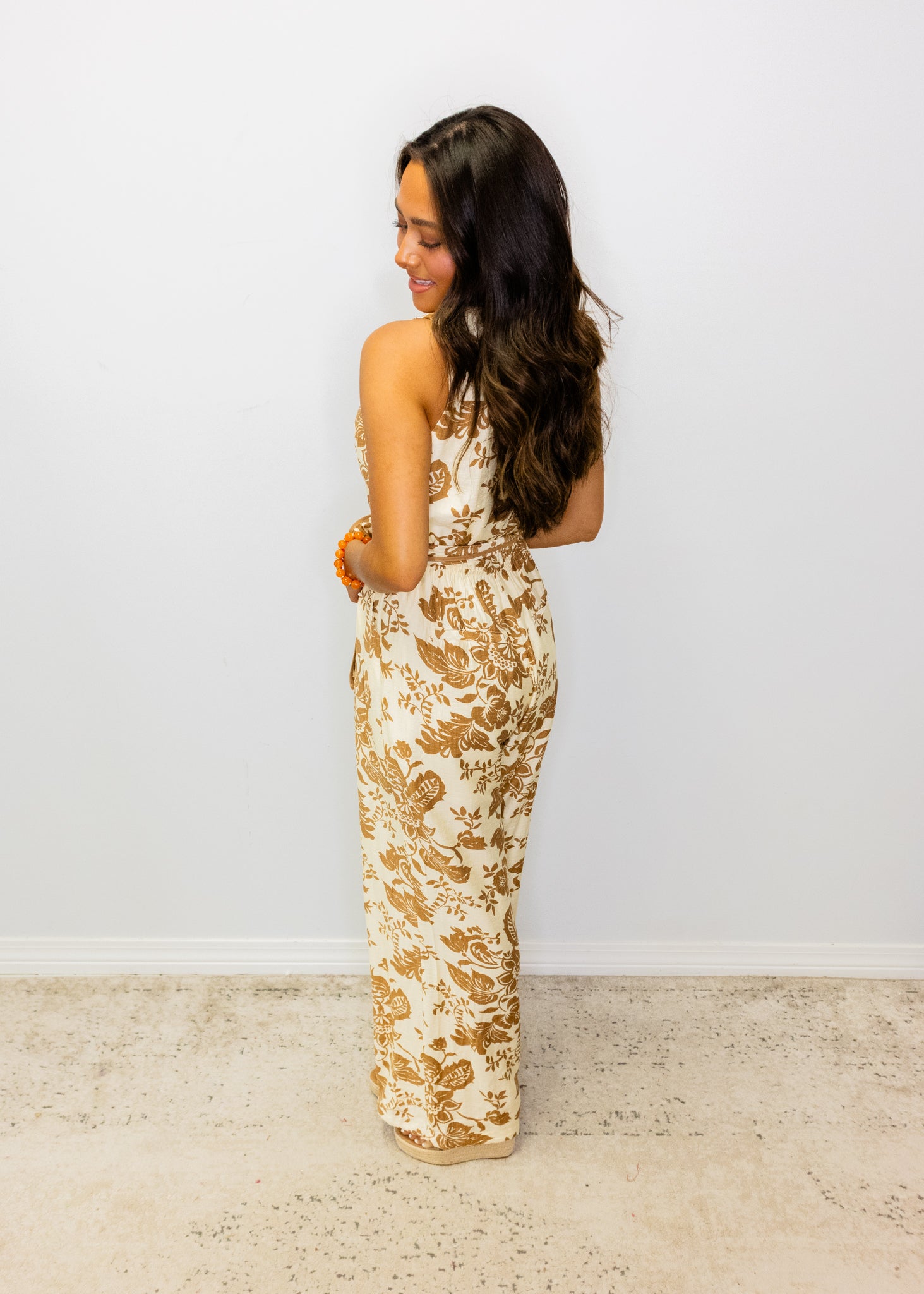 Mocha Floral Tie Pocket Jumpsuit