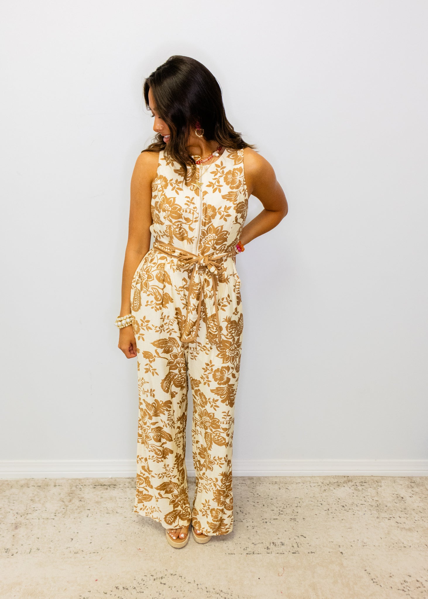 Mocha Floral Tie Pocket Jumpsuit