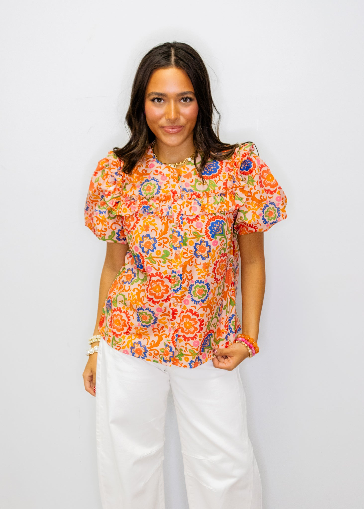 Coral Multi Print Ruffle Top