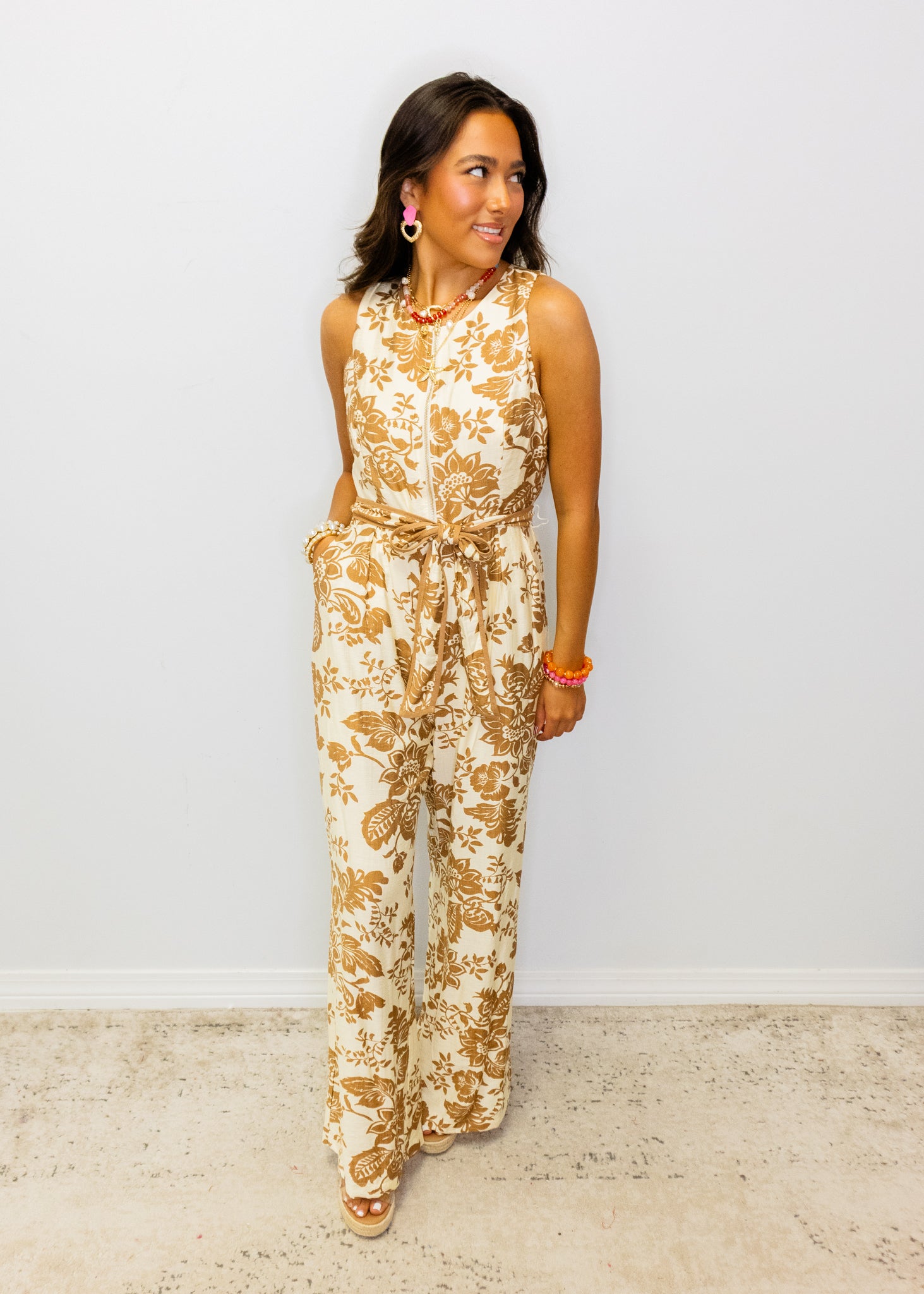 Mocha Floral Tie Pocket Jumpsuit