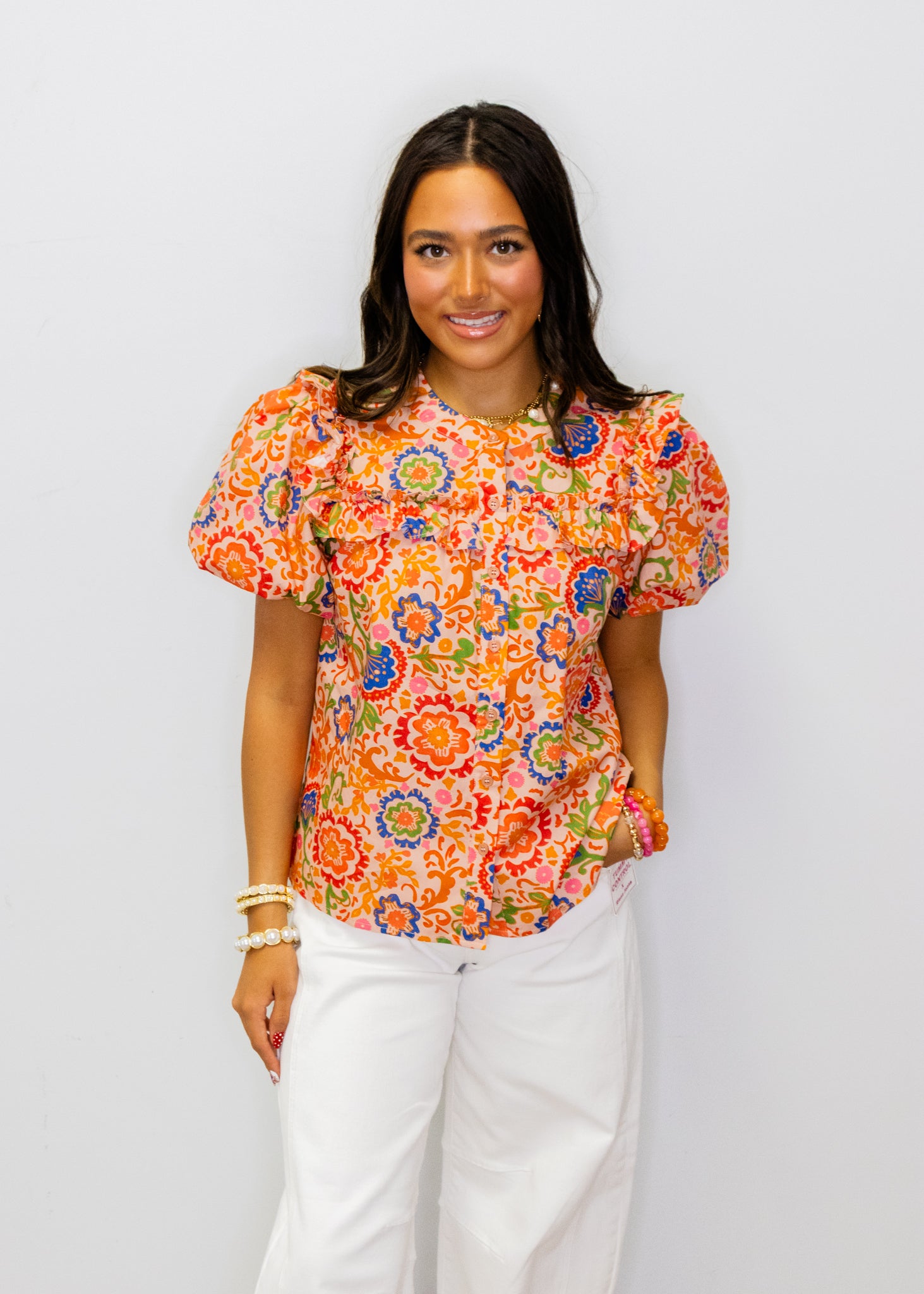 Coral Multi Print Ruffle Top