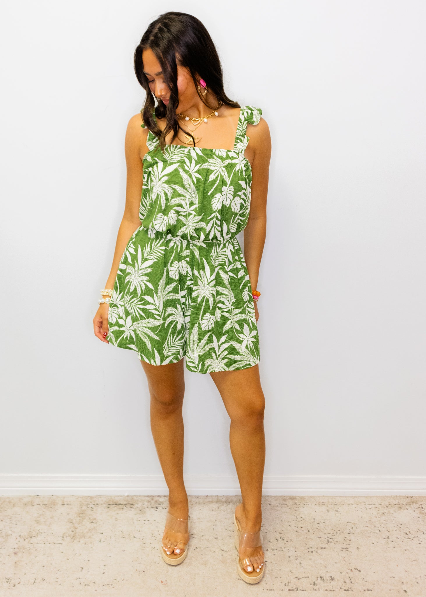 Green Tropical Ruffle Strap Romper