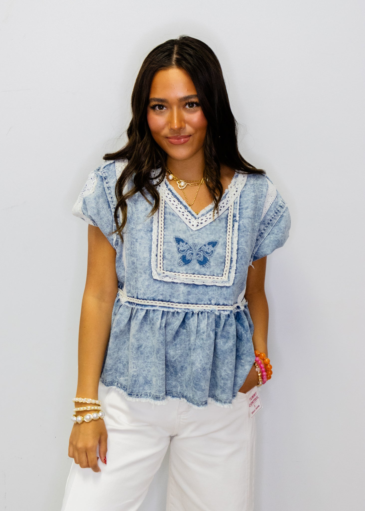 Denim Blue Butterfly Embroidery Top
