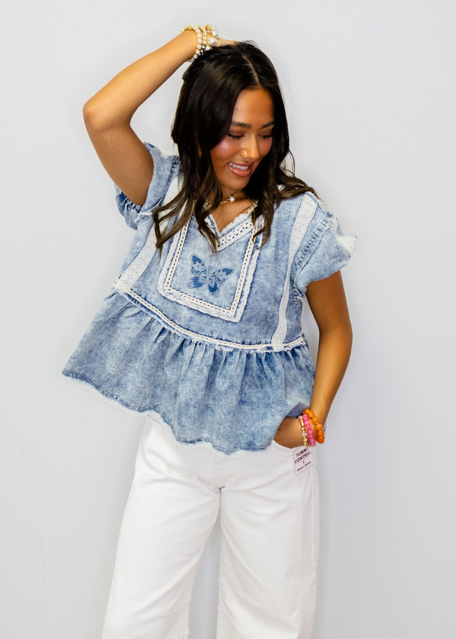 Denim Blue Butterfly Embroidery Top
