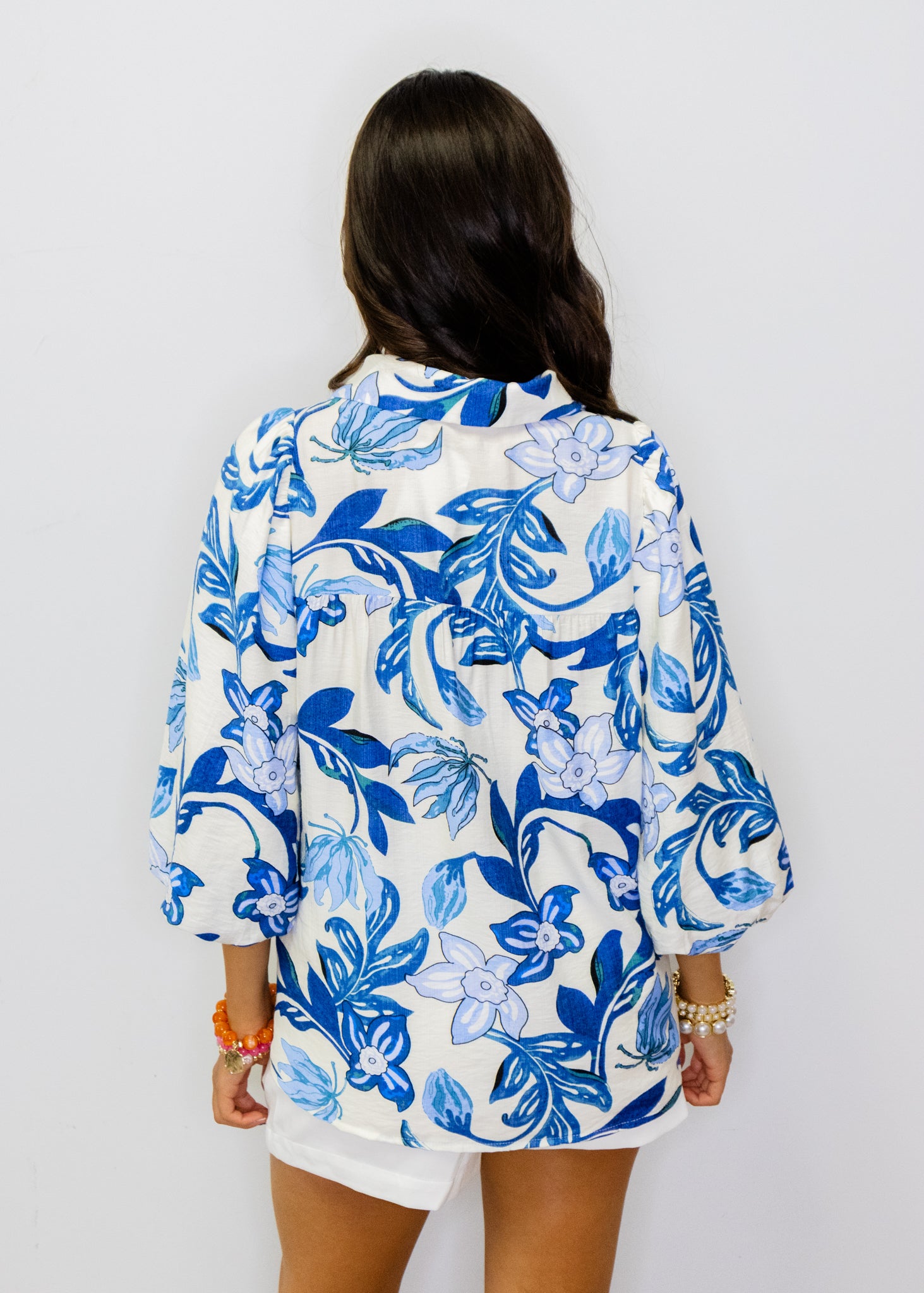 Blue Floral Print Button Top