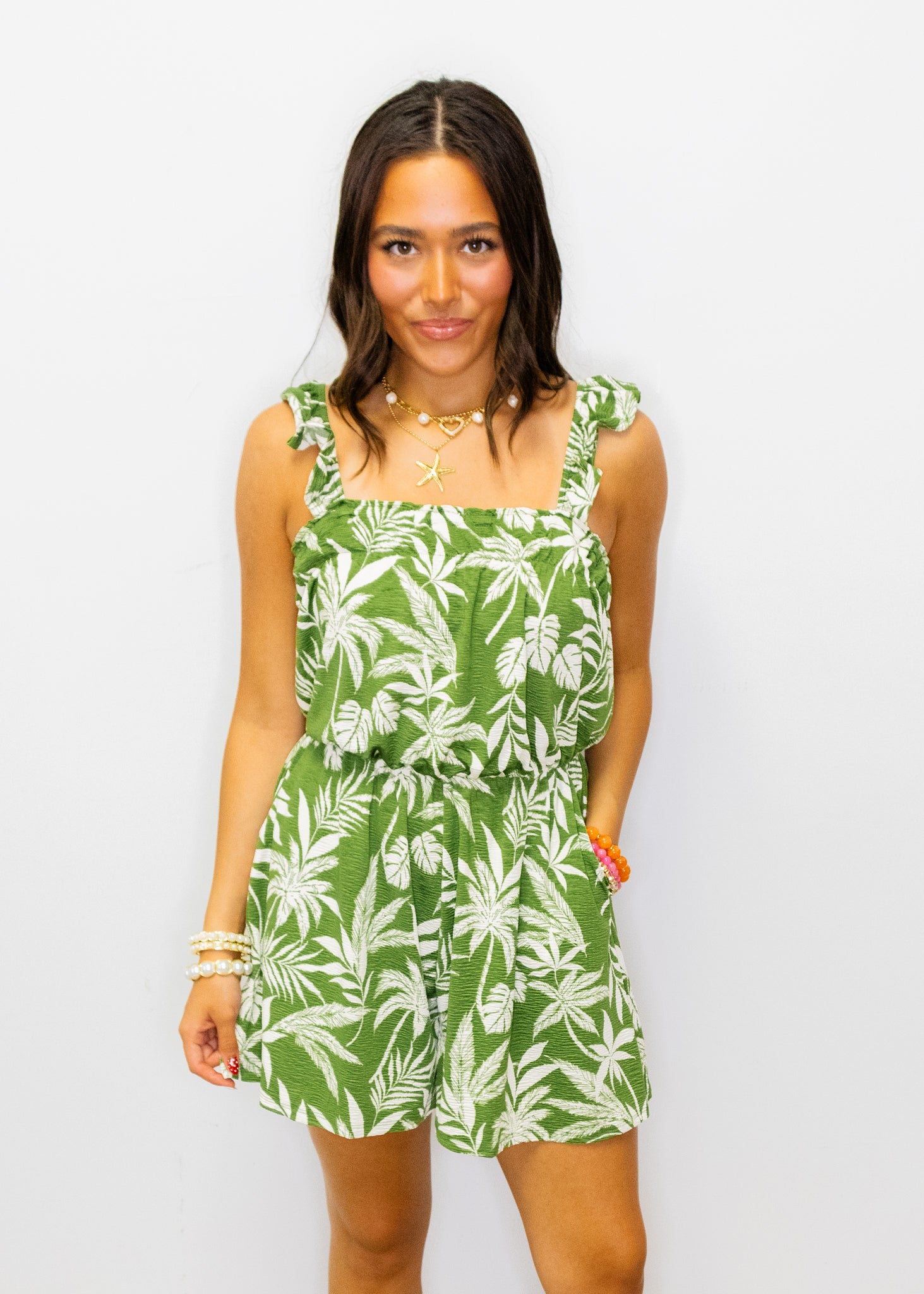 Green Tropical Ruffle Strap Romper
