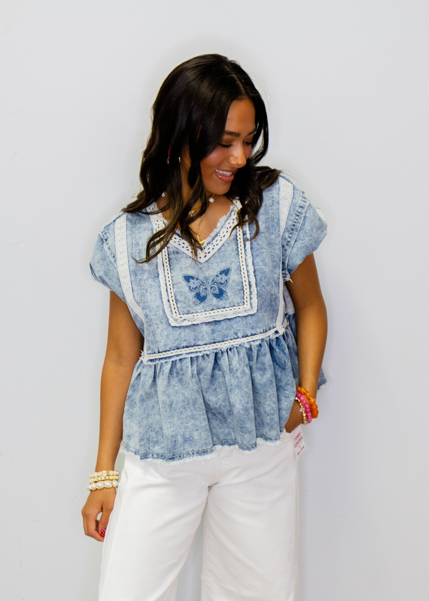 Denim Blue Butterfly Embroidery Top