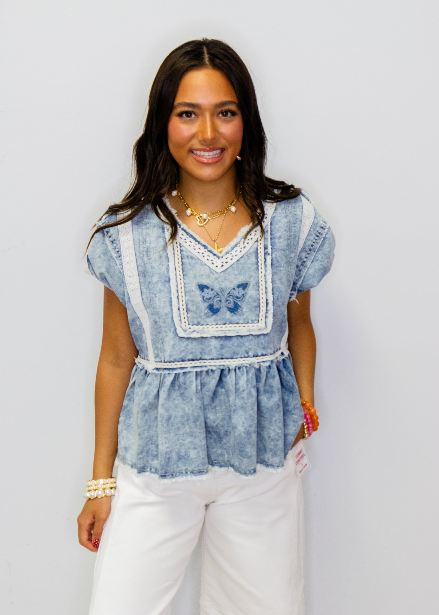 Denim Blue Butterfly Embroidery Top