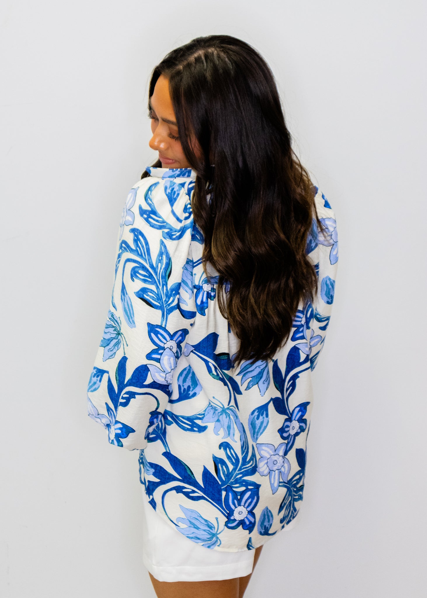 Blue Floral Print Button Top
