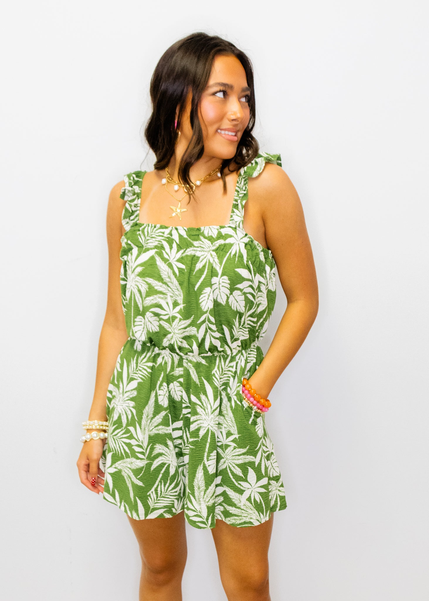 Green Tropical Ruffle Strap Romper