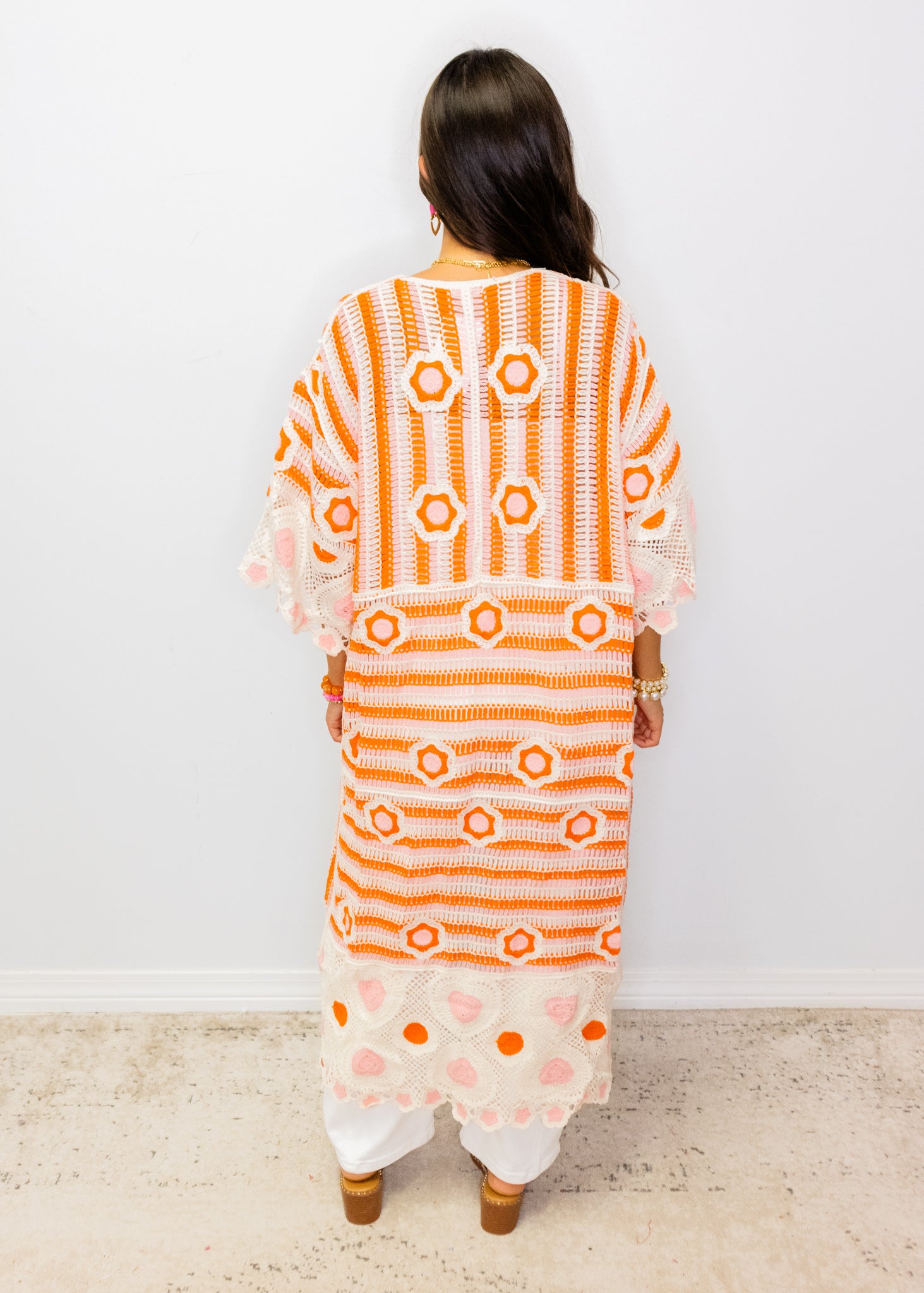 Neon Orange Open Front Crochet Duster Cardigan