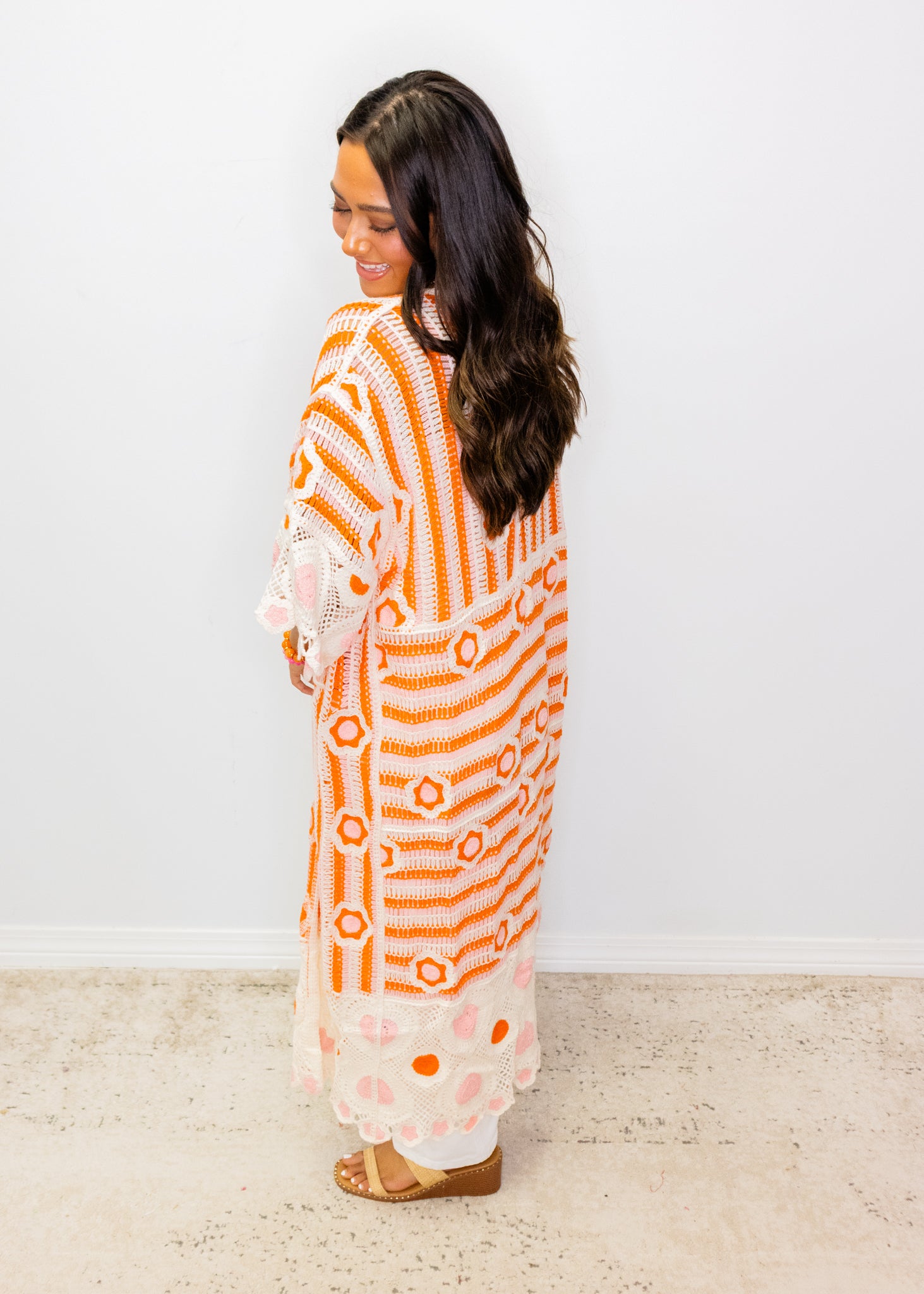 Neon Orange Open Front Crochet Duster Cardigan