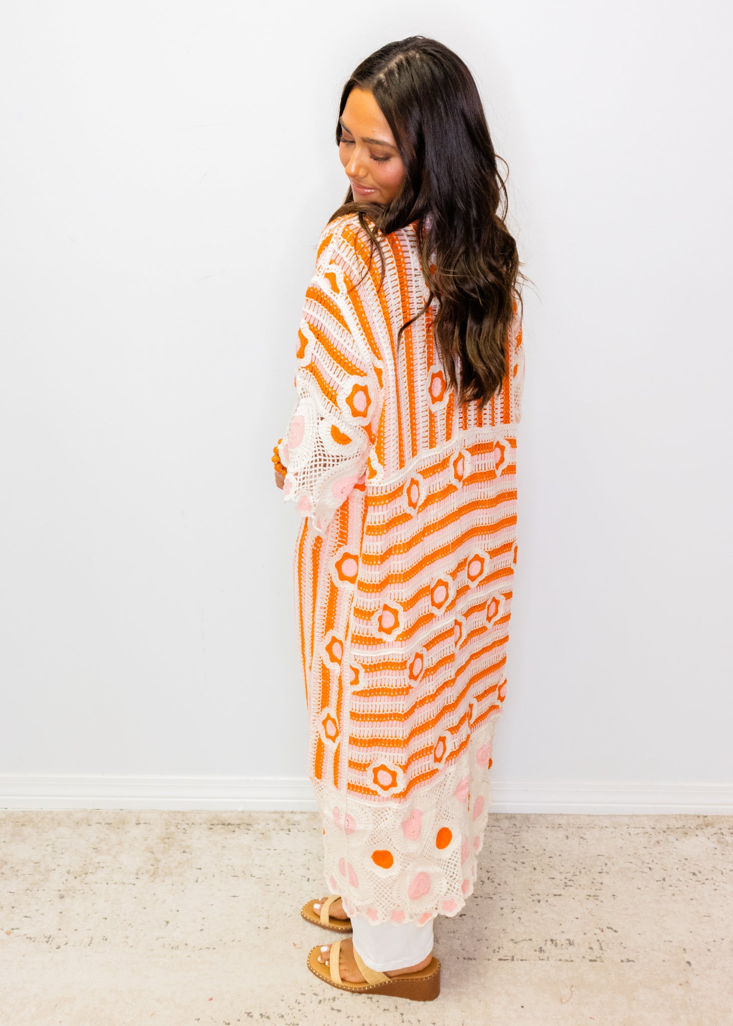 Neon Orange Open Front Crochet Duster Cardigan
