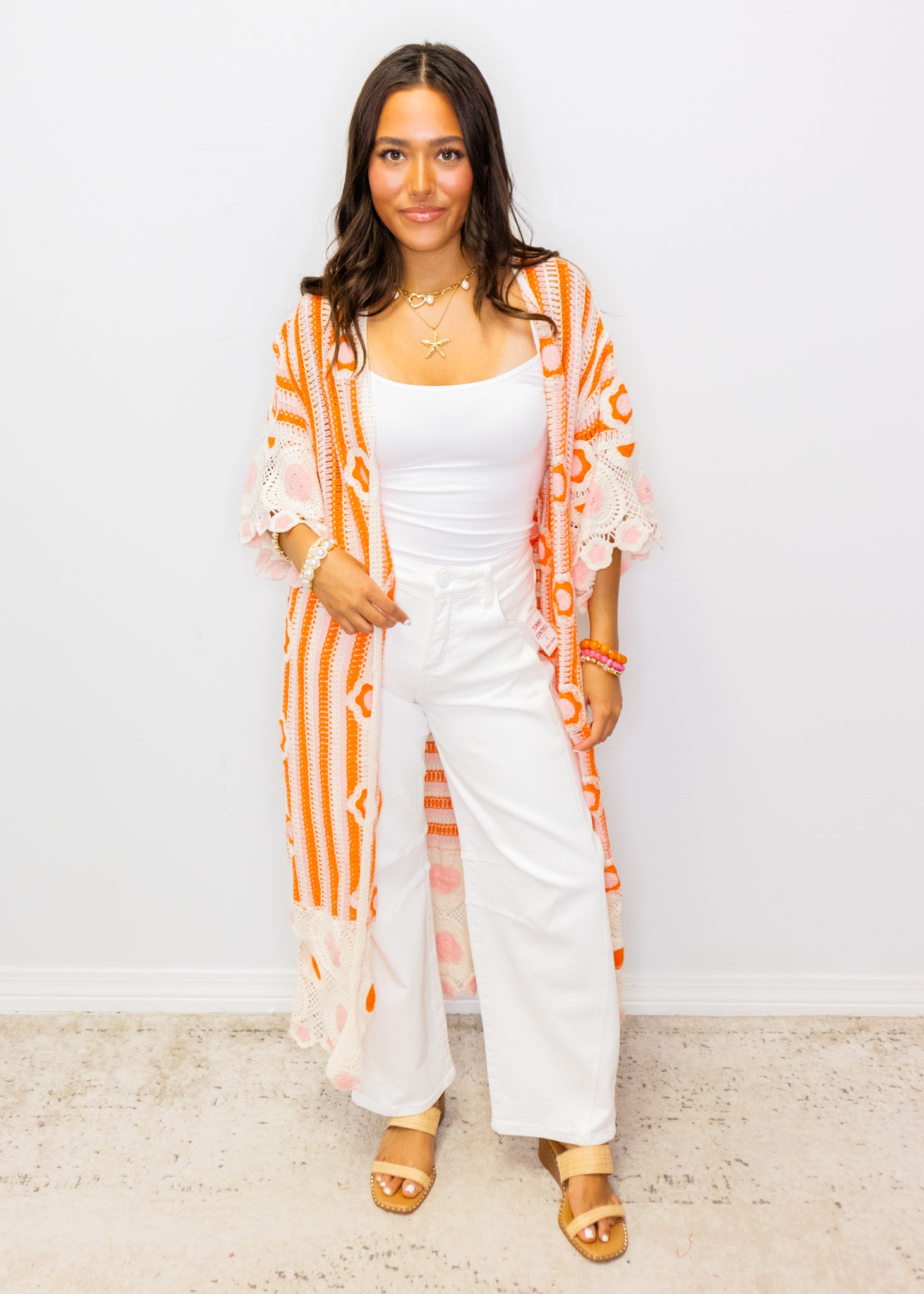 Neon Orange Open Front Crochet Duster Cardigan
