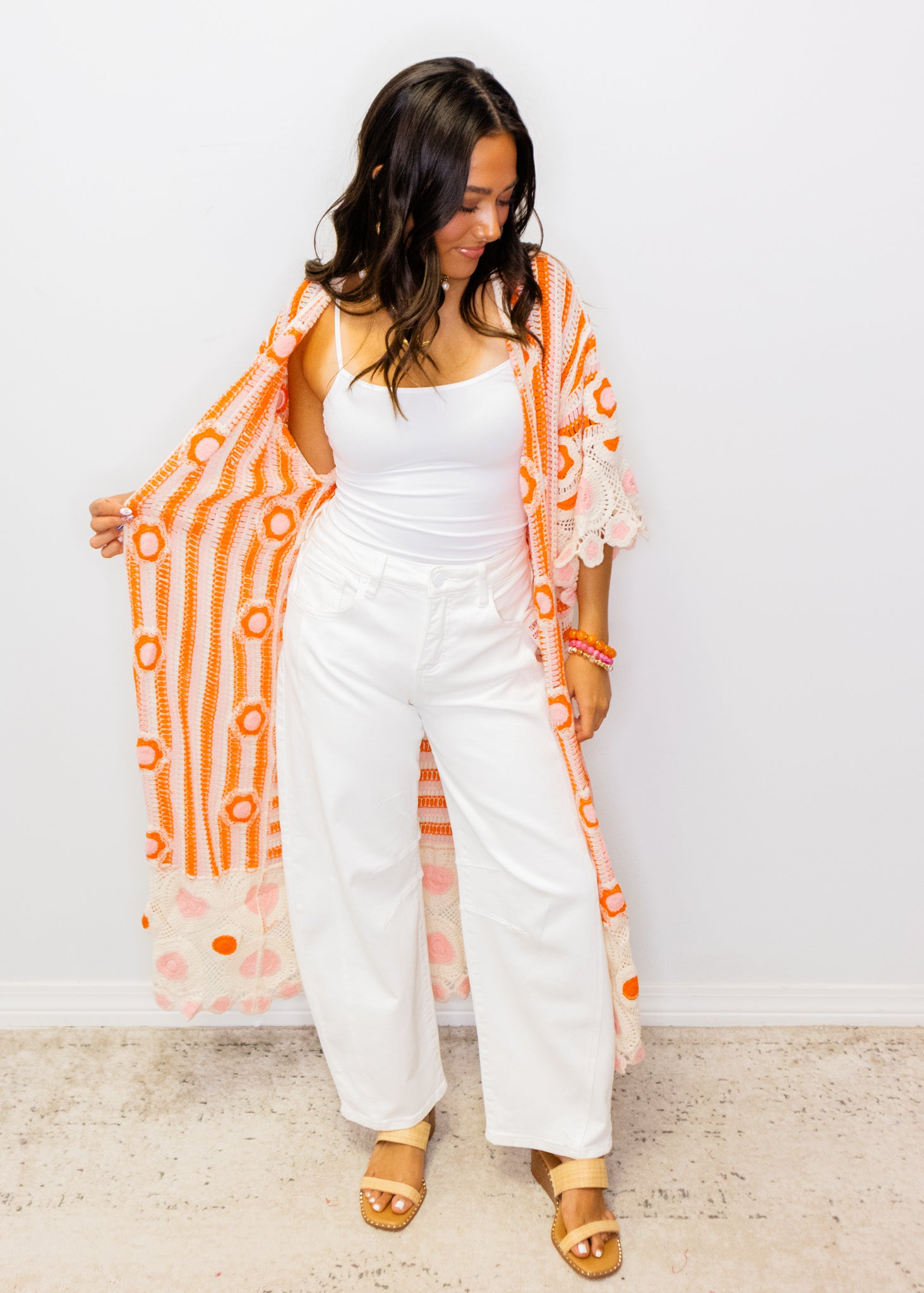 Neon Orange Open Front Crochet Duster Cardigan