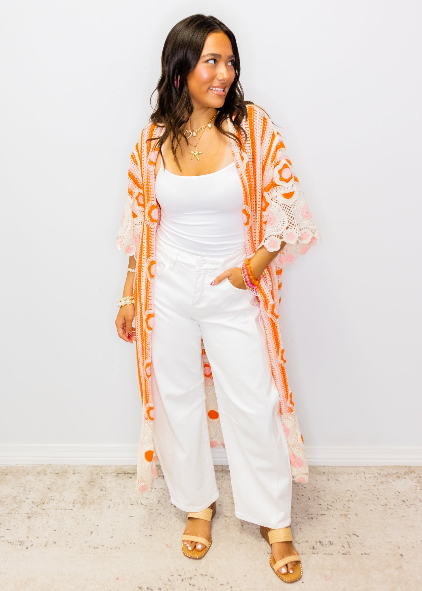 Neon Orange Open Front Crochet Duster Cardigan