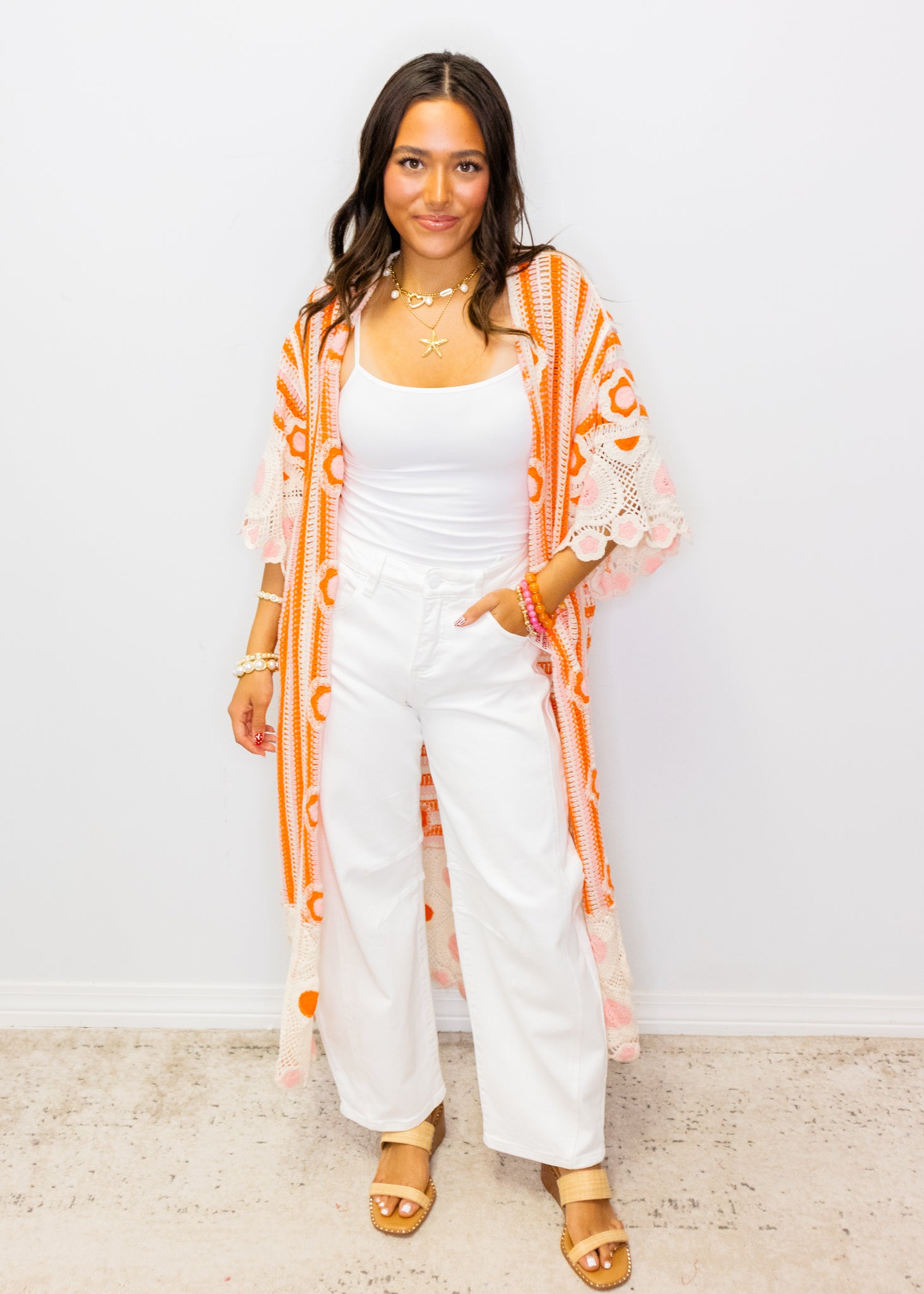 Neon Orange Open Front Crochet Duster Cardigan