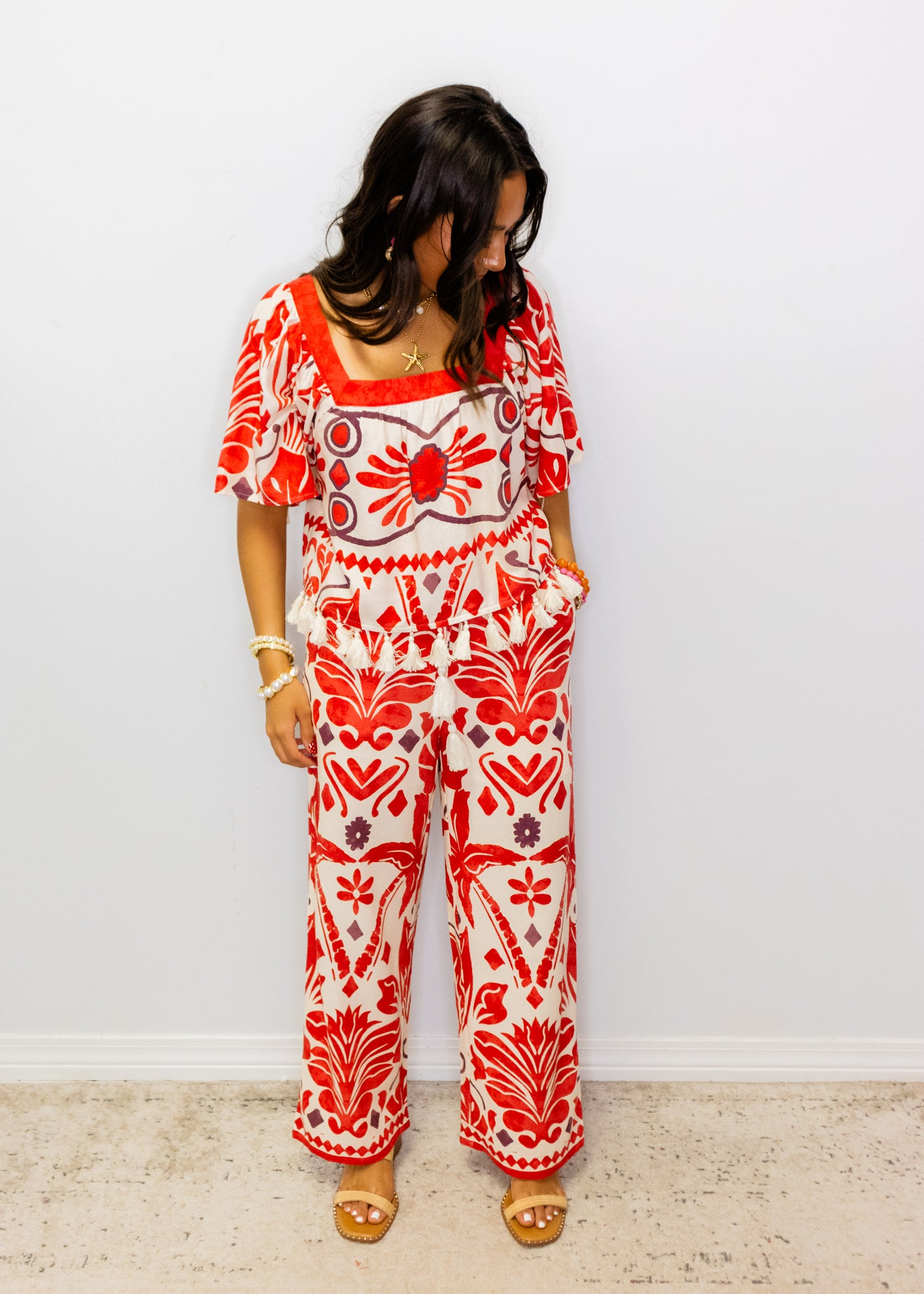 Red Geometric Tassel Top
