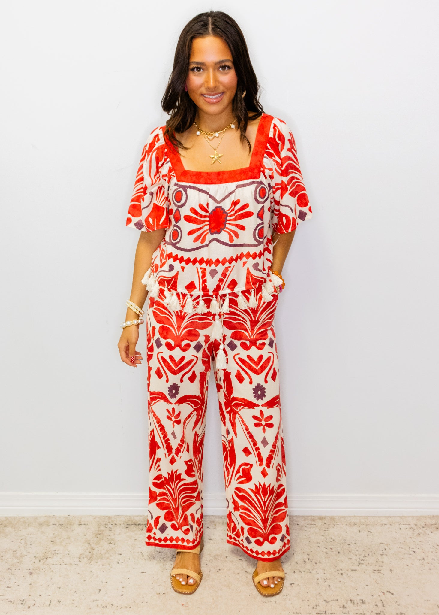 Red Geometric Tassel Top