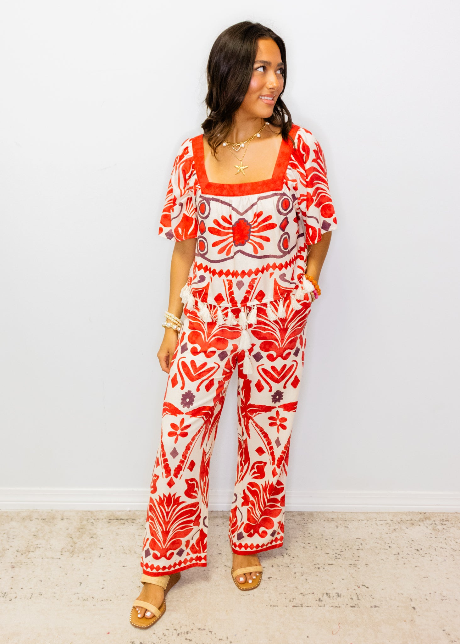 Red Geometric Flowy Pants