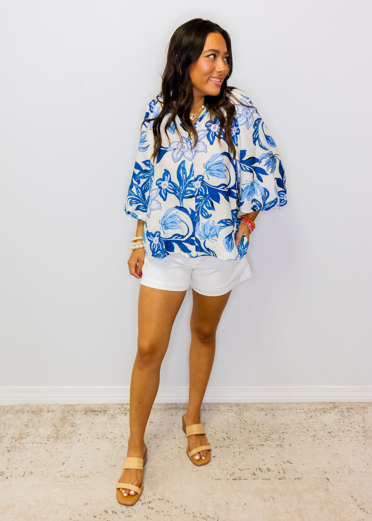 Blue Floral Print Button Top