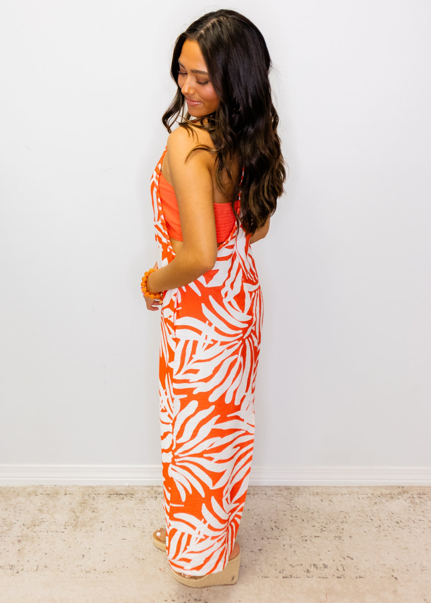 Coral & White Palm Midi Dress