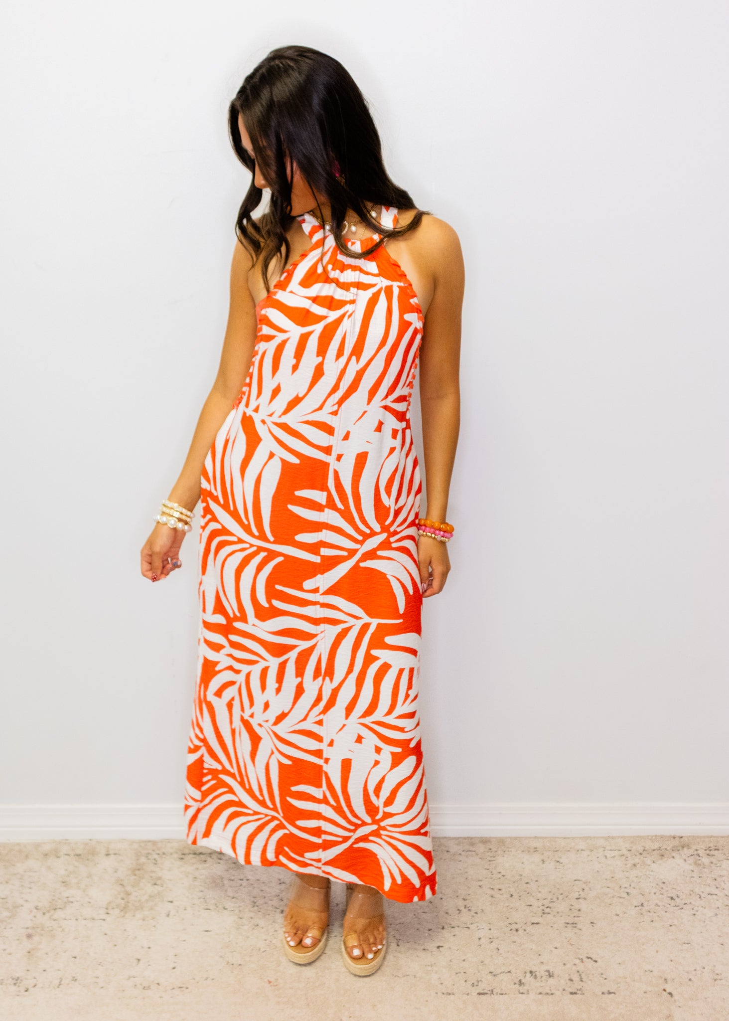 Coral & White Palm Midi Dress