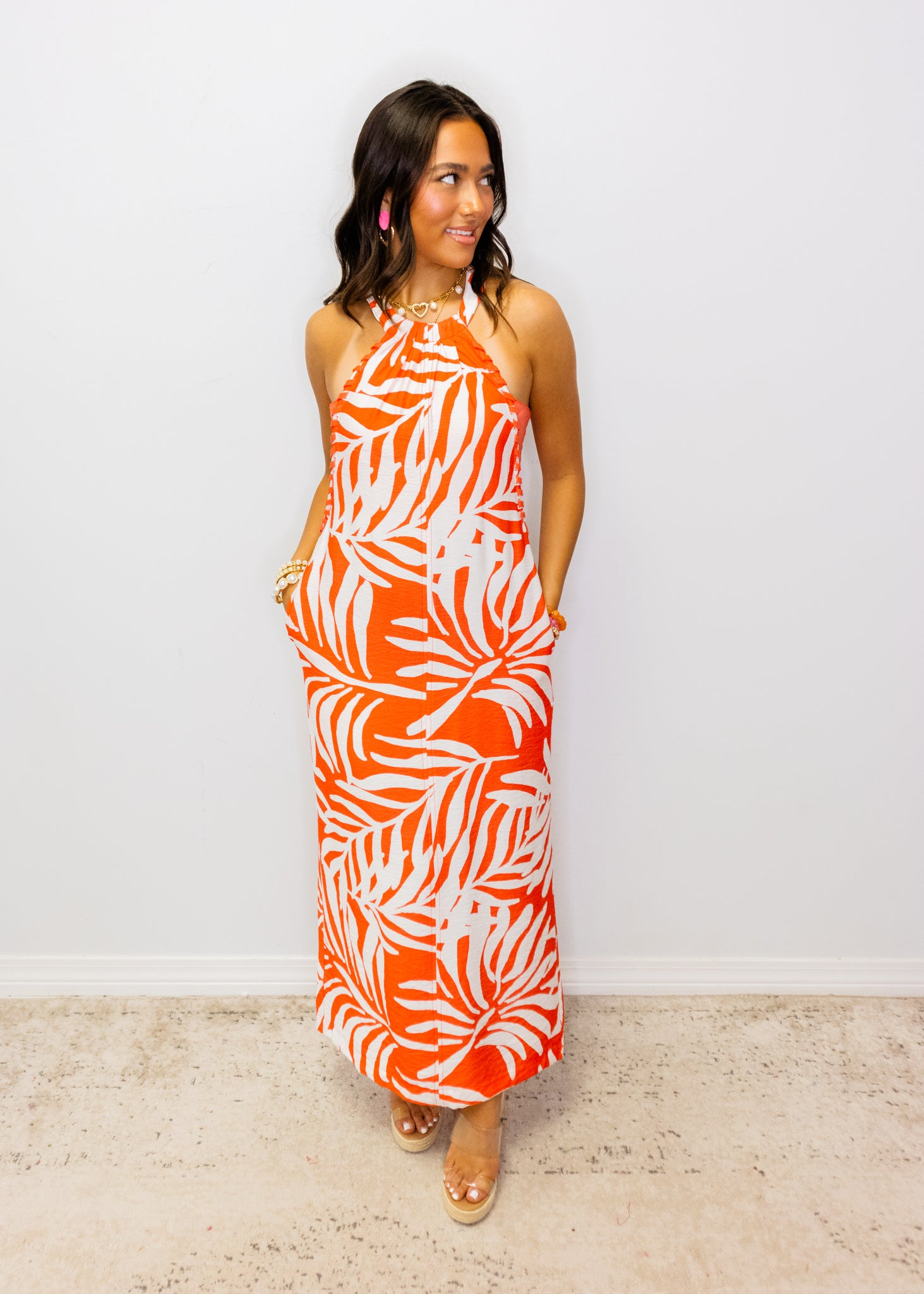 Coral & White Palm Midi Dress