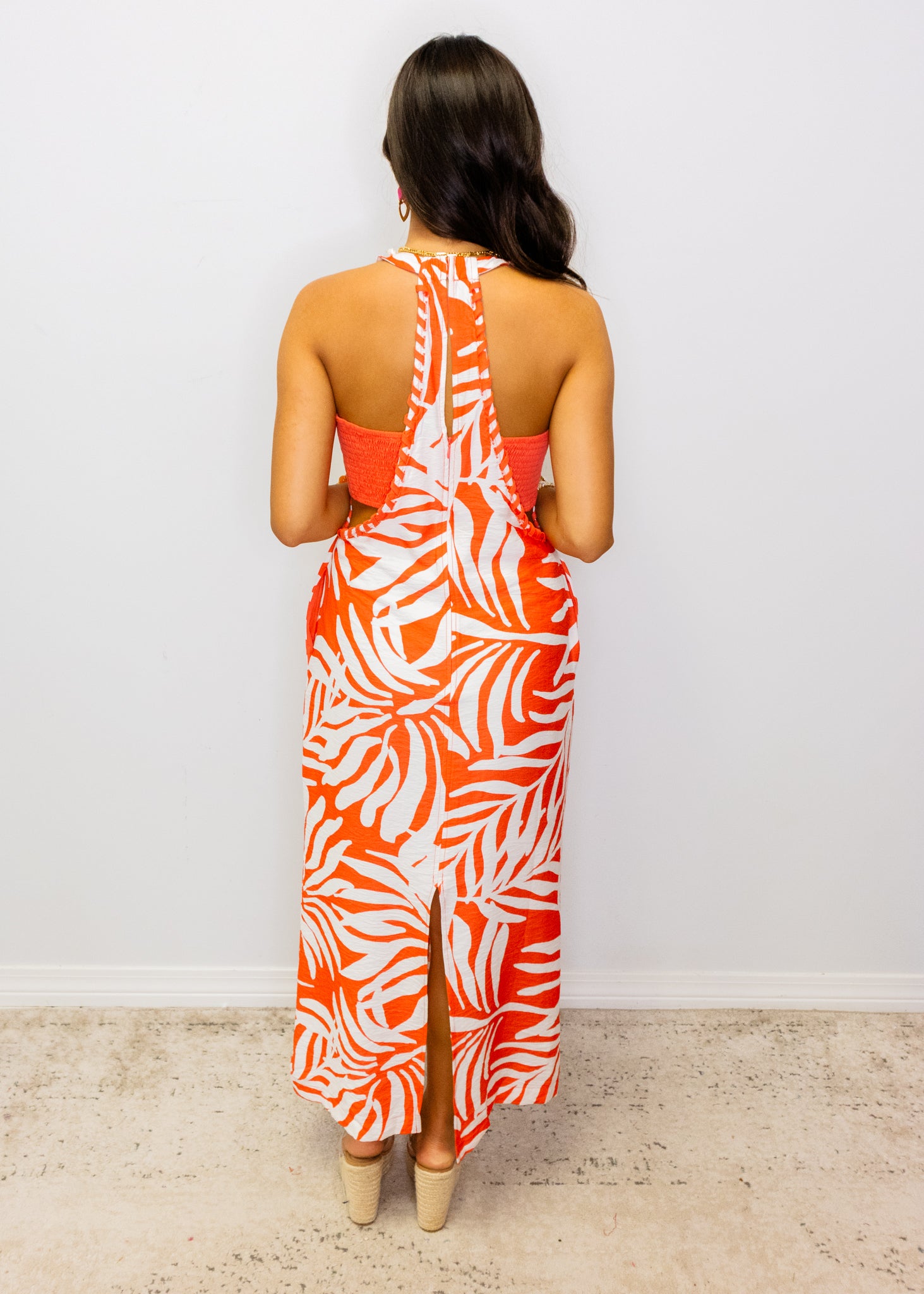 Coral & White Palm Midi Dress
