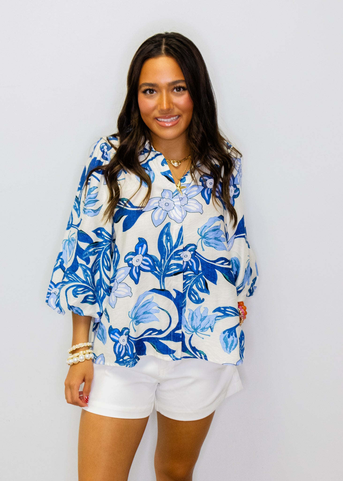 Blue Floral Print Button Top