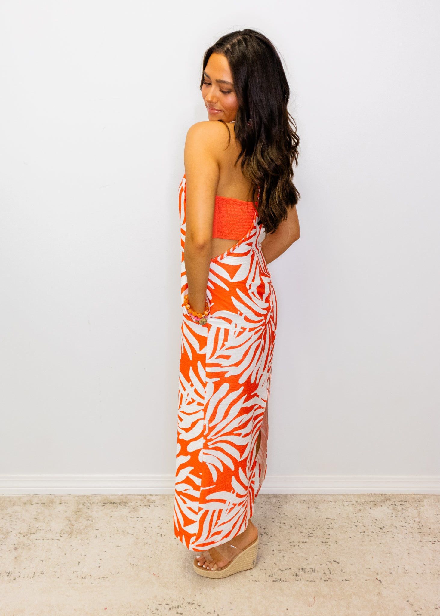 Coral & White Palm Midi Dress