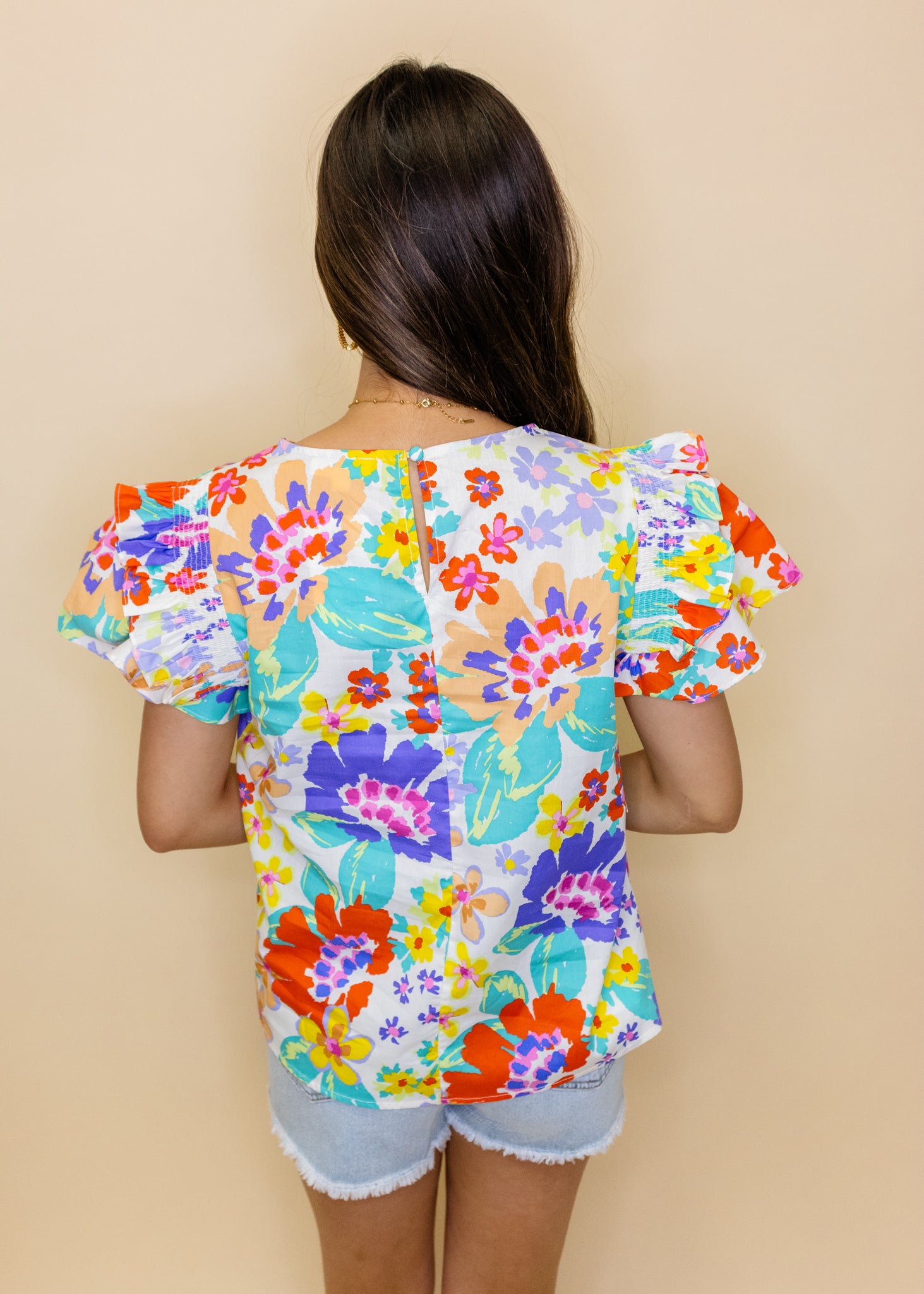 Bright Floral Frill Sleeve Top