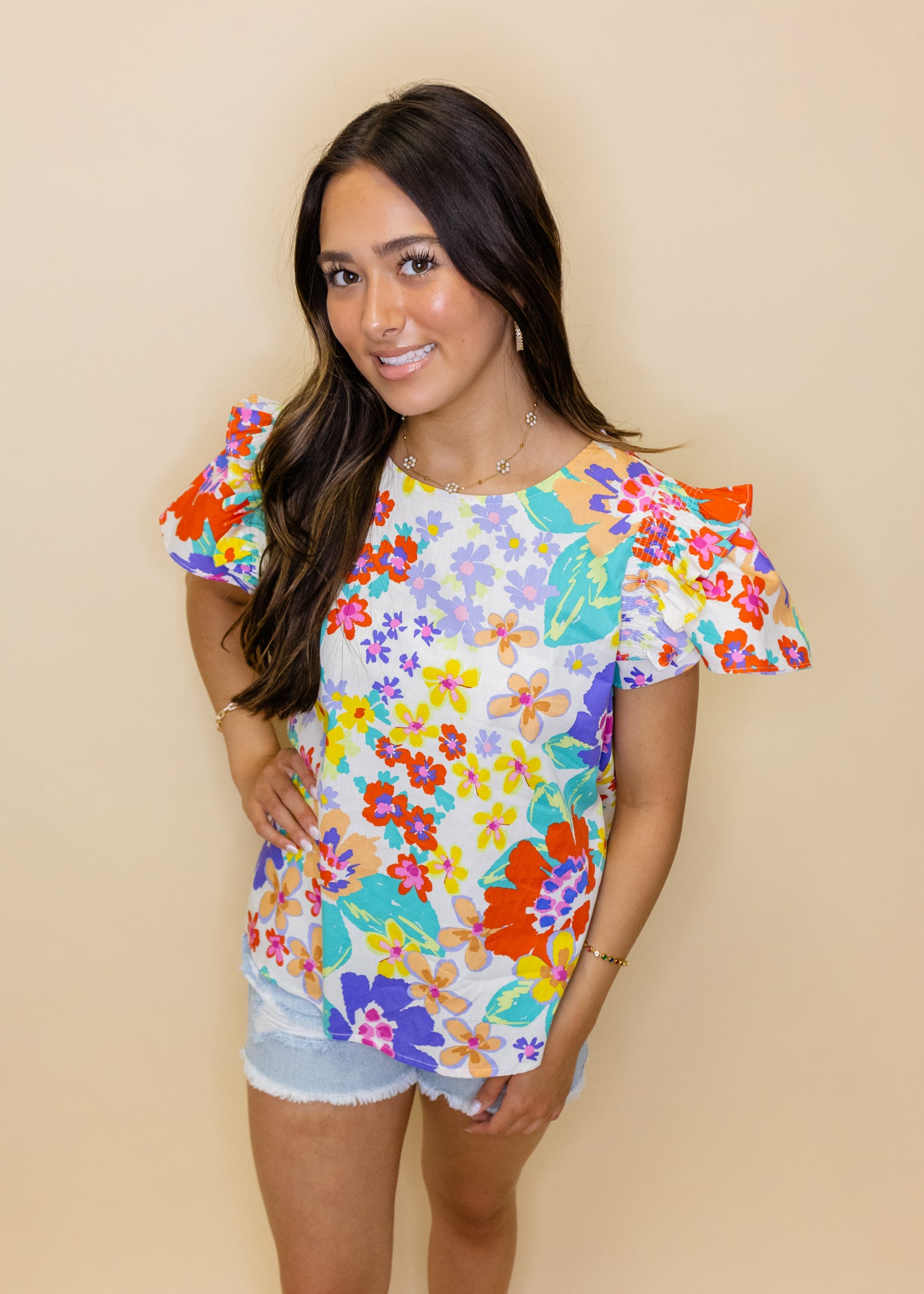 Bright Floral Frill Sleeve Top
