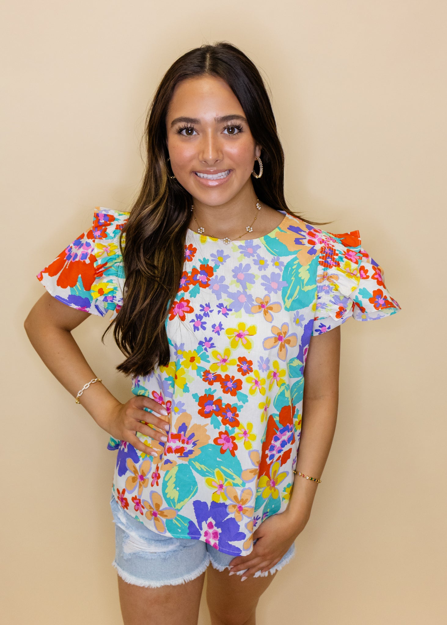 Bright Floral Frill Sleeve Top