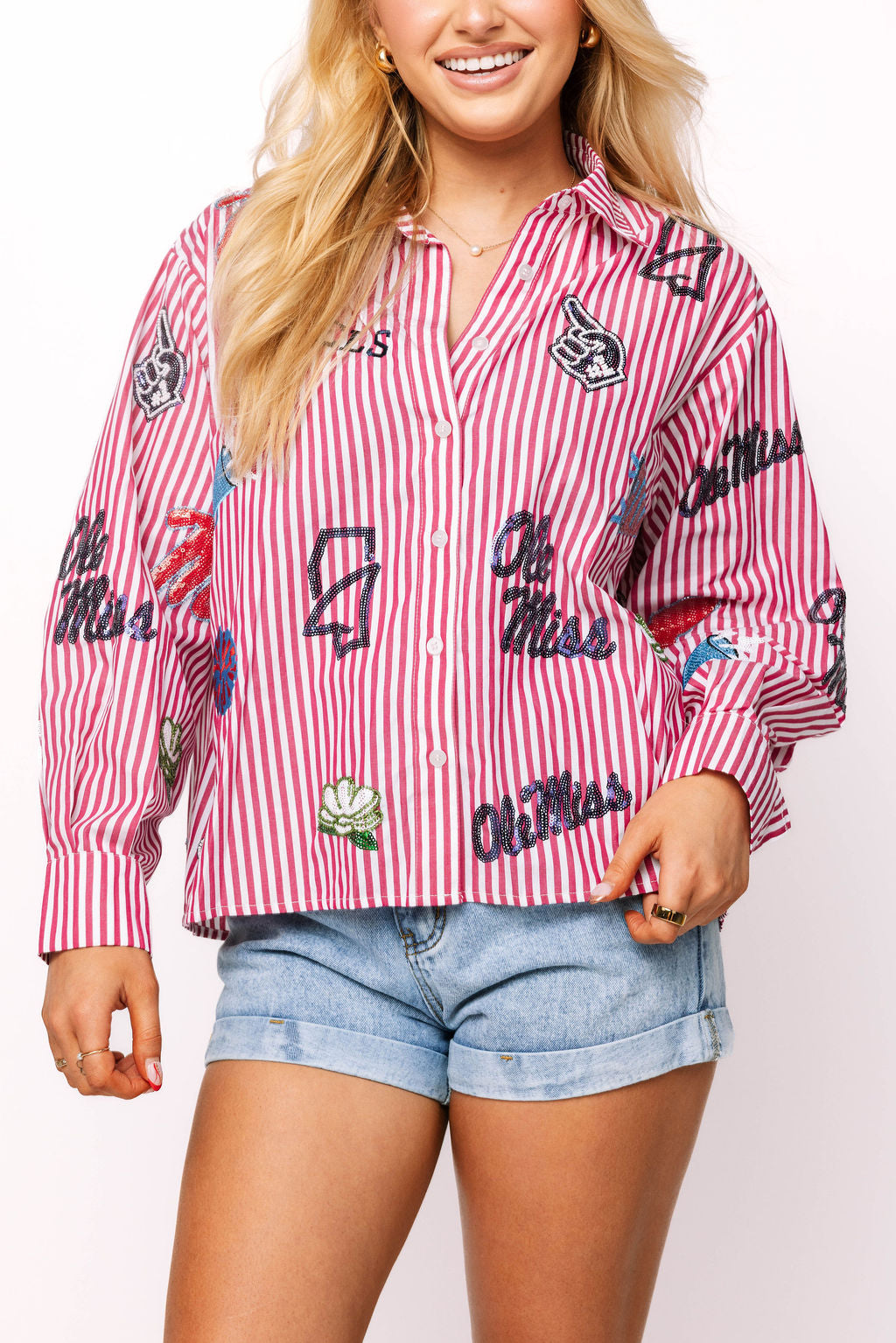 Licensed Ole Miss Mini Icon Striped Button Down Top