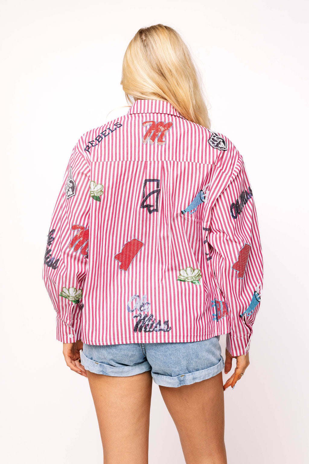 Licensed Ole Miss Mini Icon Striped Button Down Top