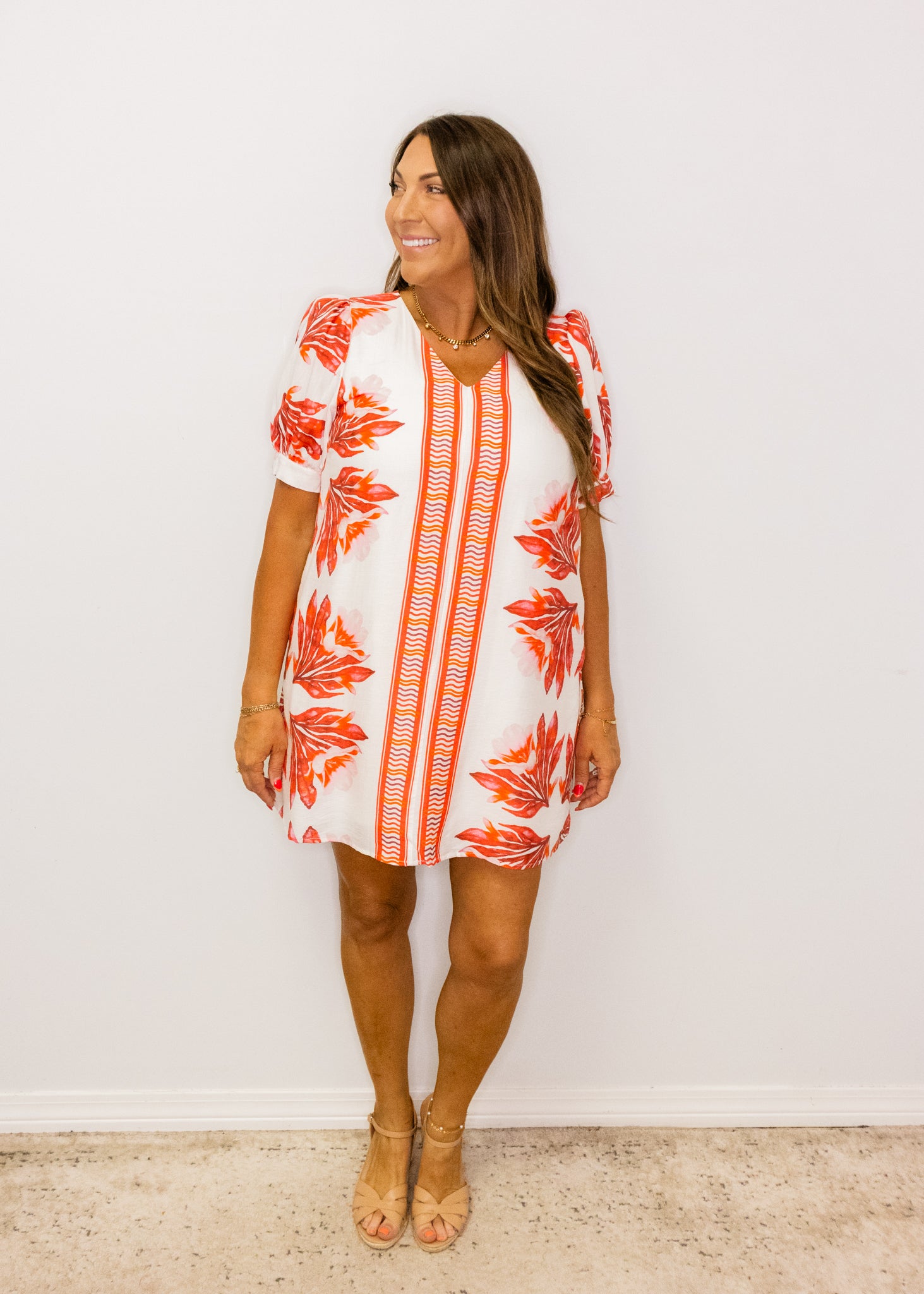 Red Leaf Print Shift Dress
