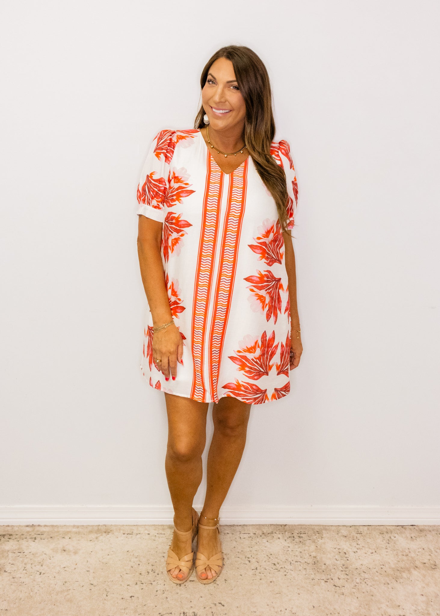 Red Leaf Print Shift Dress
