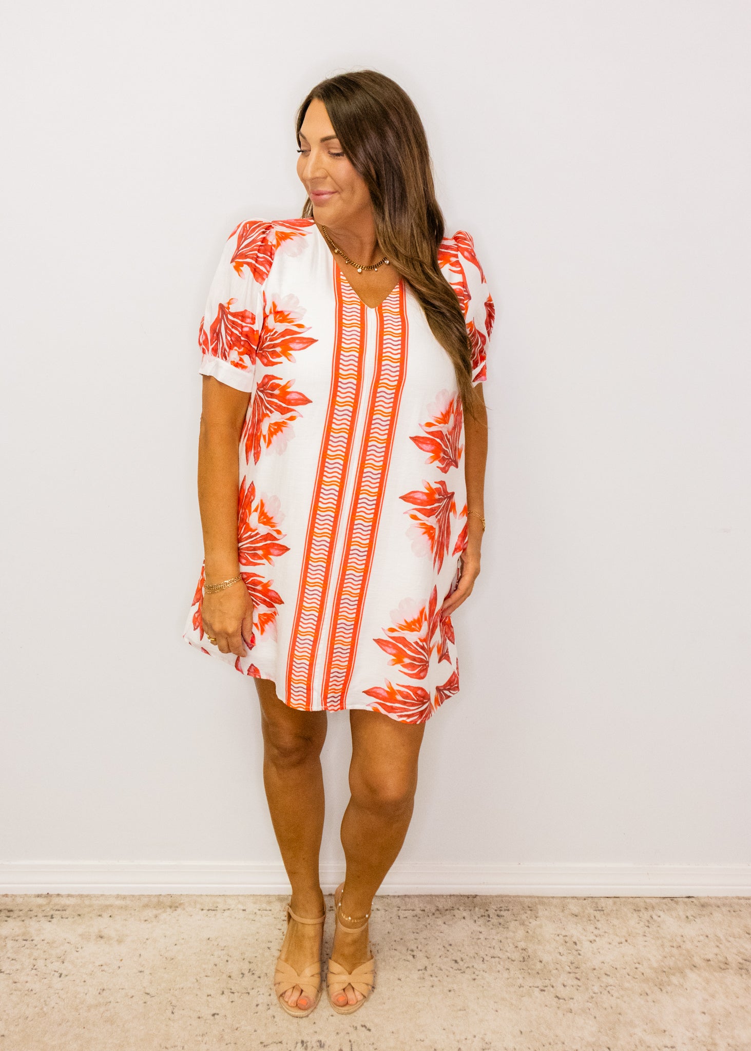 Red Leaf Print Shift Dress