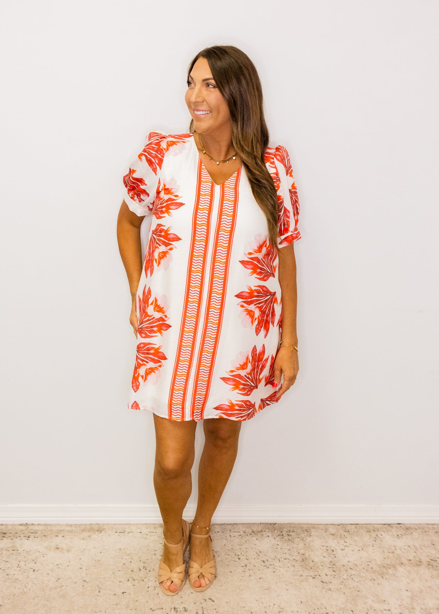 Red Leaf Print Shift Dress