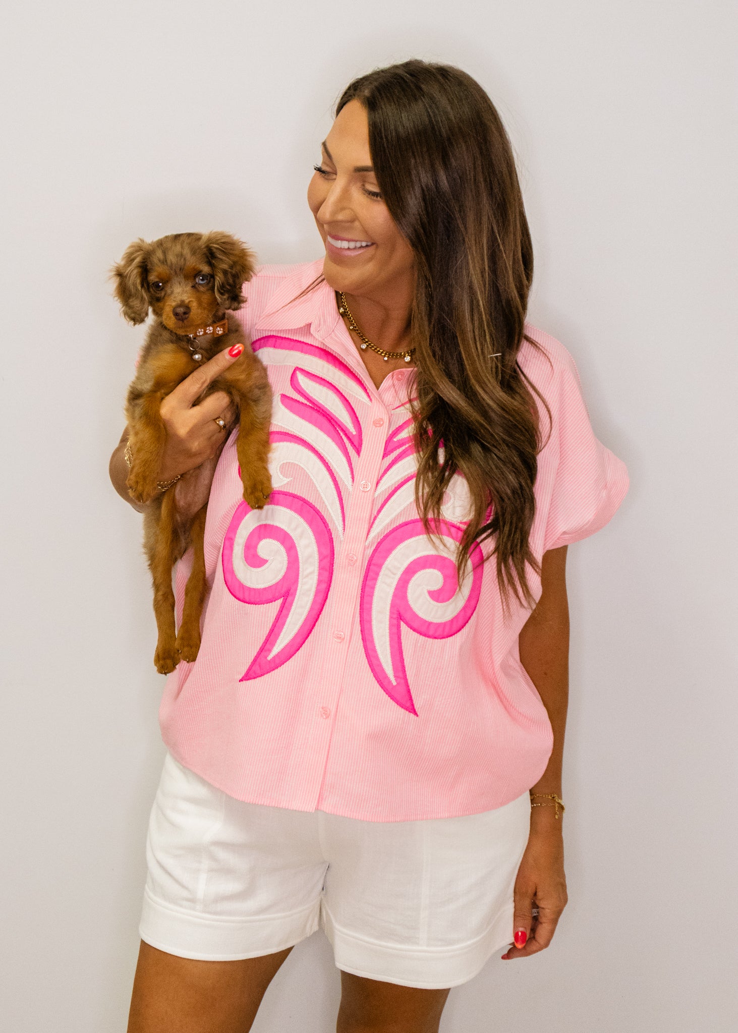 Pink Applique Accent Button Down Stripe Top