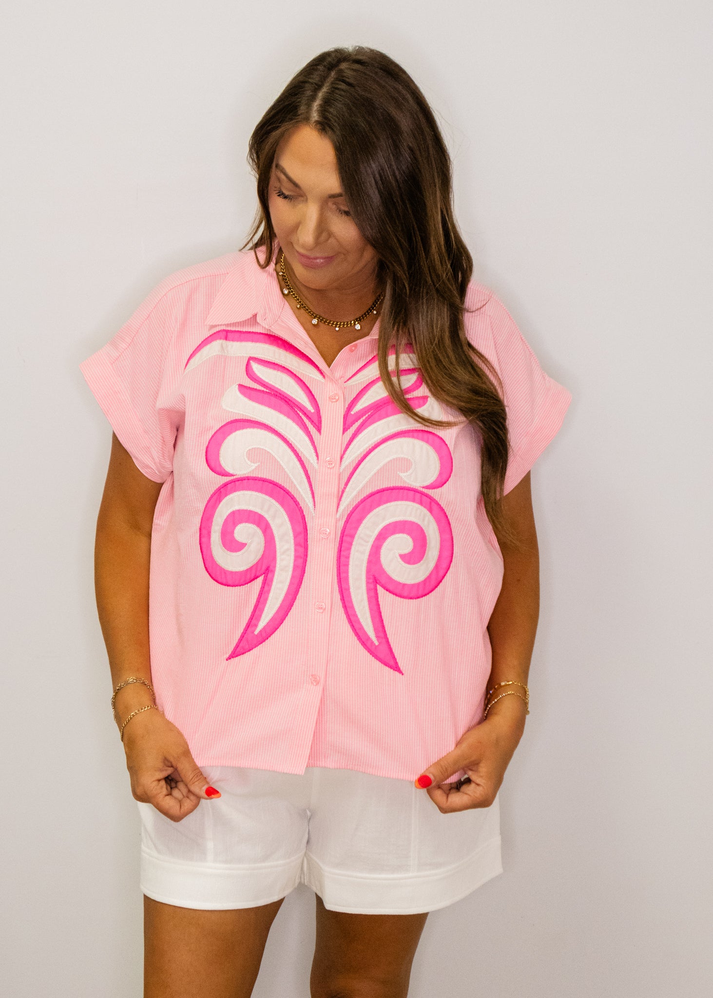 Pink Applique Accent Button Down Stripe Top