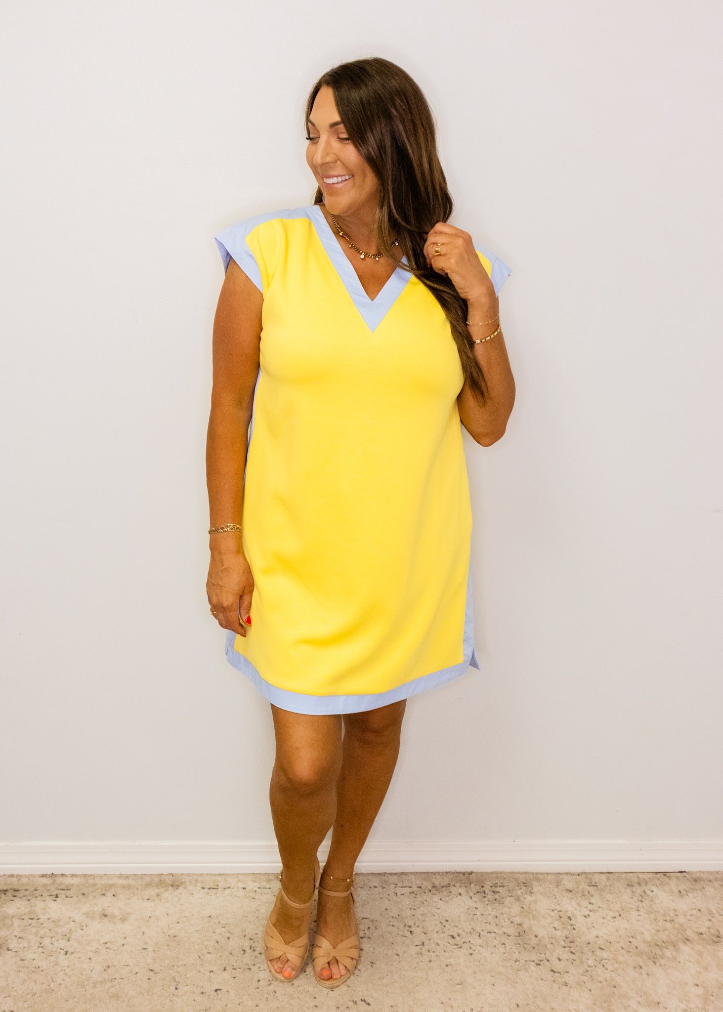 Yellow & Blue Contrast V-Neck Dress