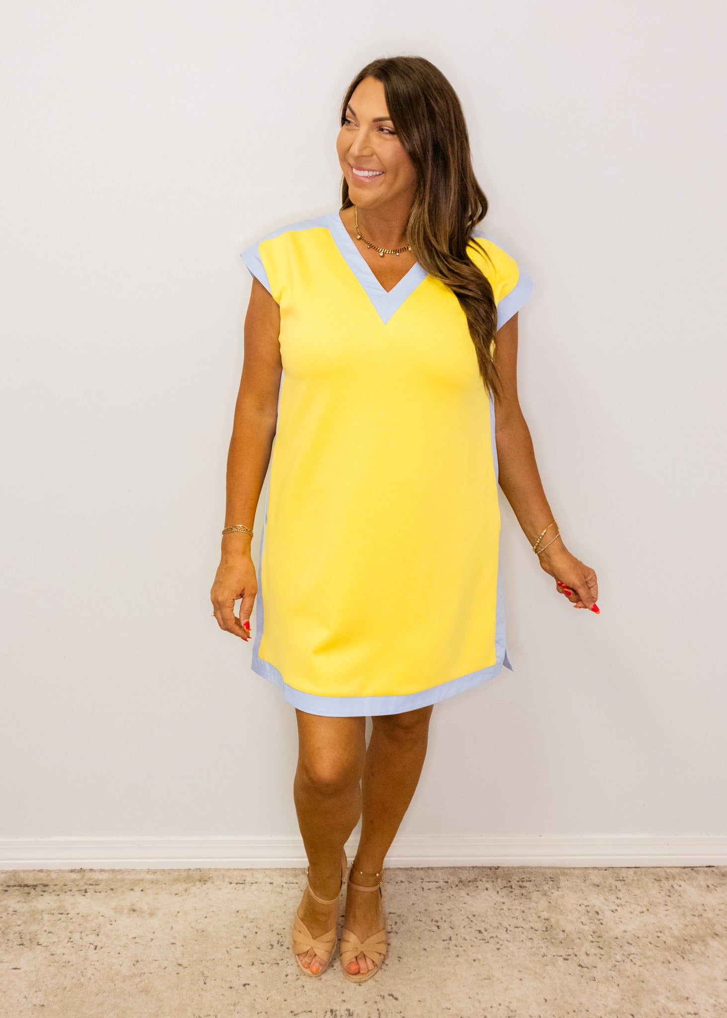 Yellow & Blue Contrast V-Neck Dress