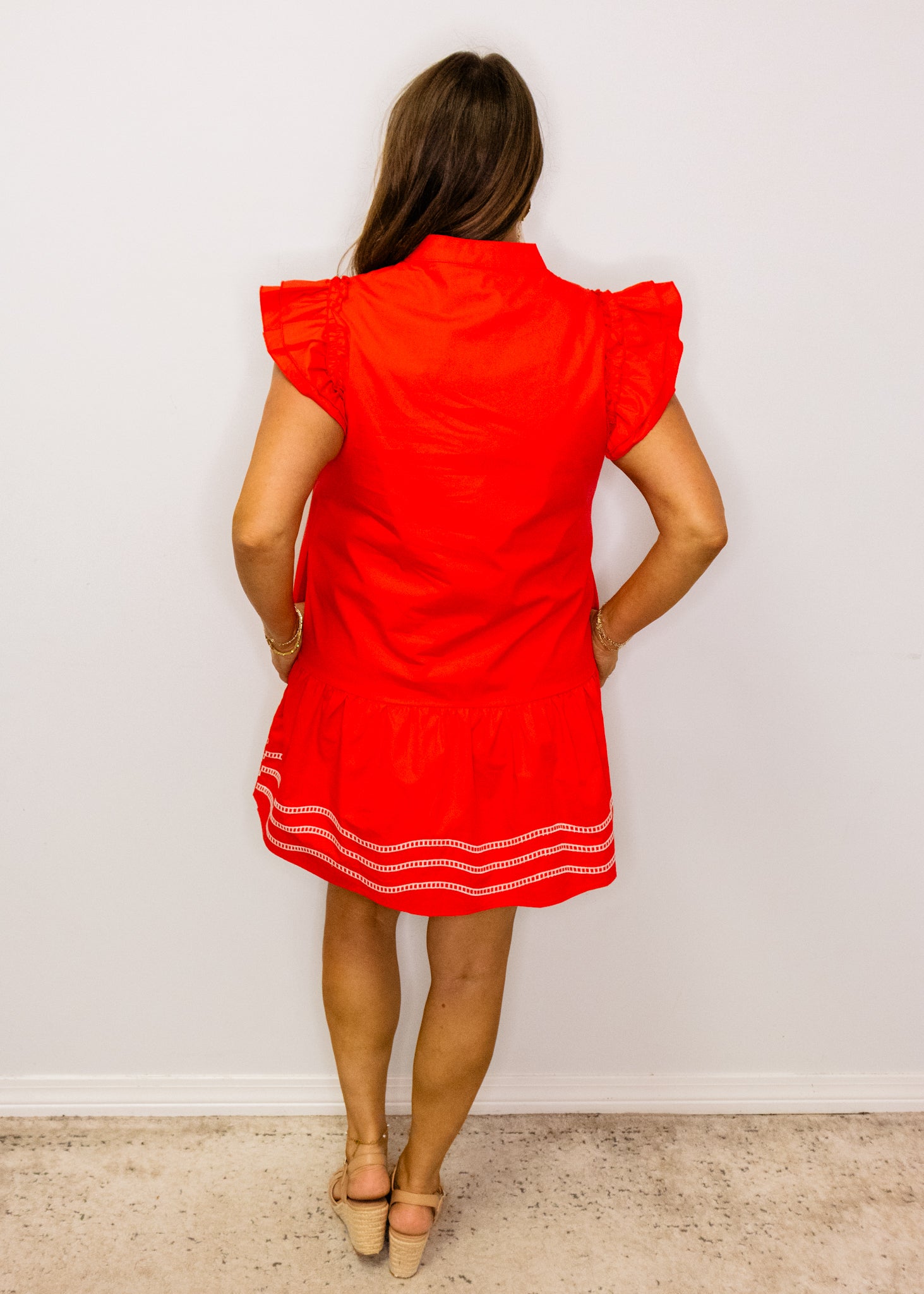 Red Ruffle Sleeves Solid Dress