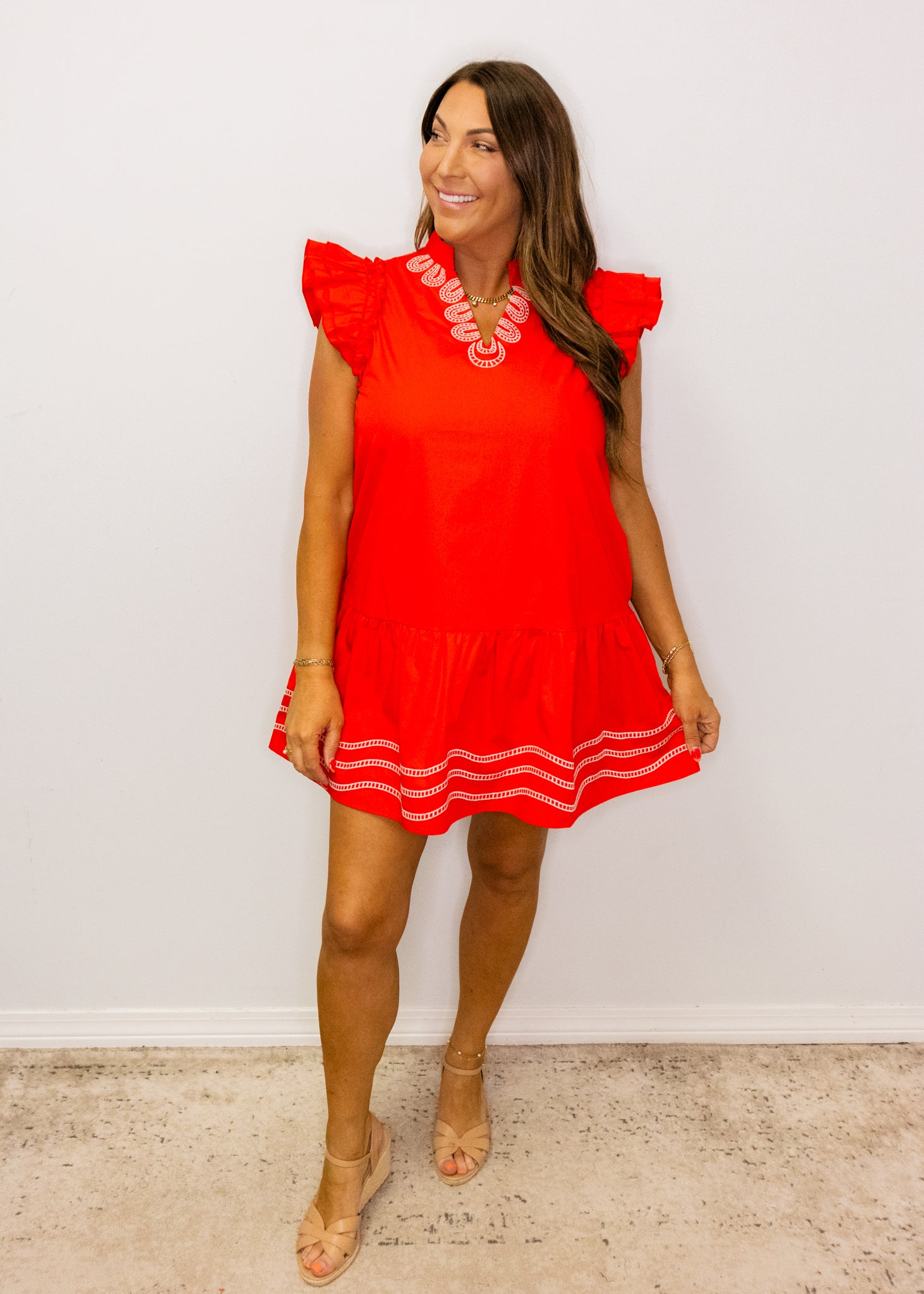 Red Ruffle Sleeves Solid Dress