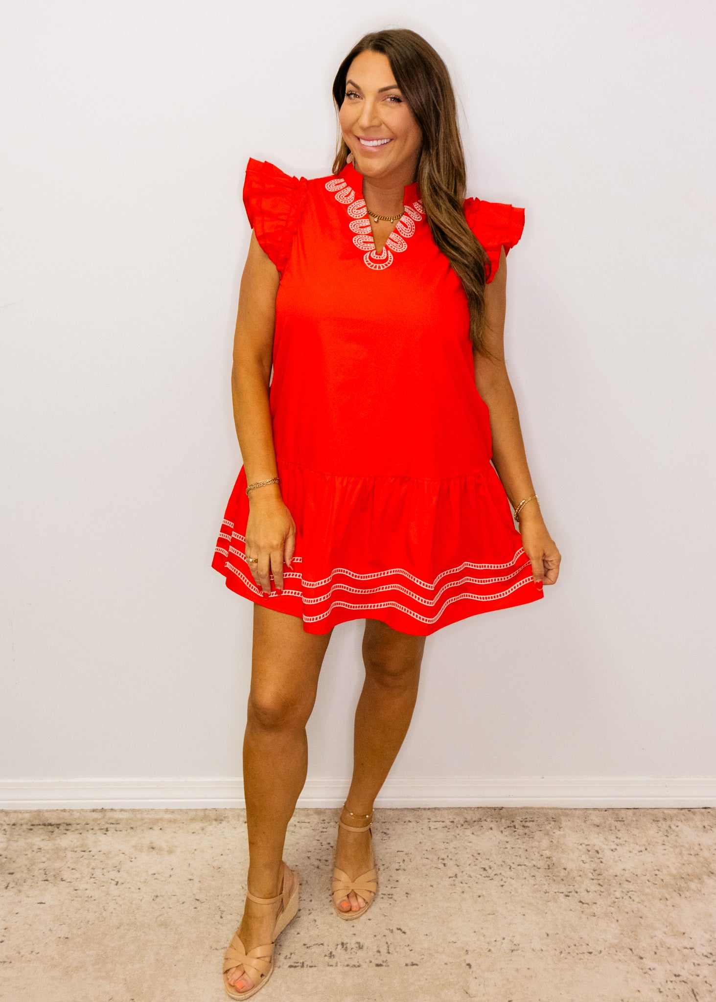 Red Ruffle Sleeves Solid Dress
