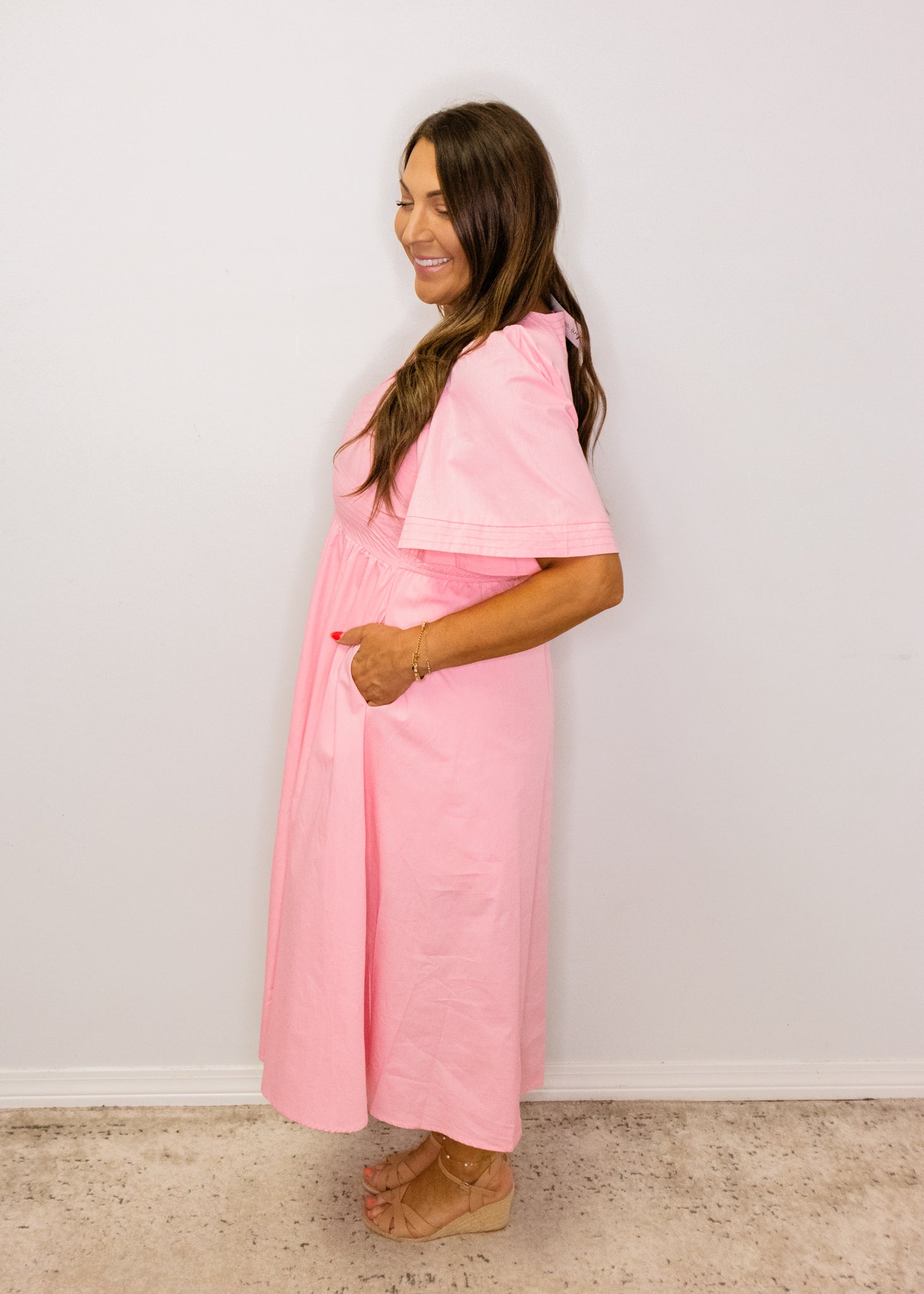 Pink Solid Zip Front Midi Dress
