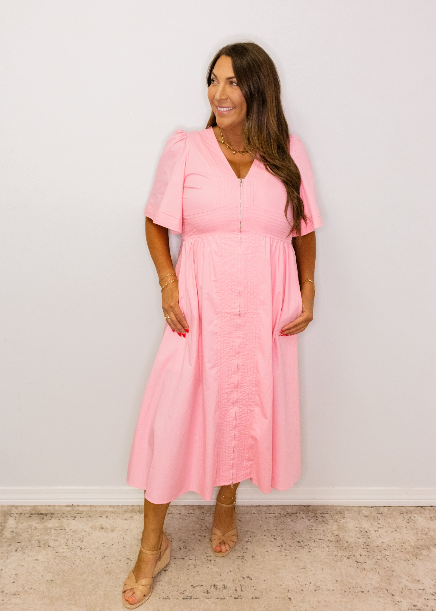 Pink Solid Zip Front Midi Dress